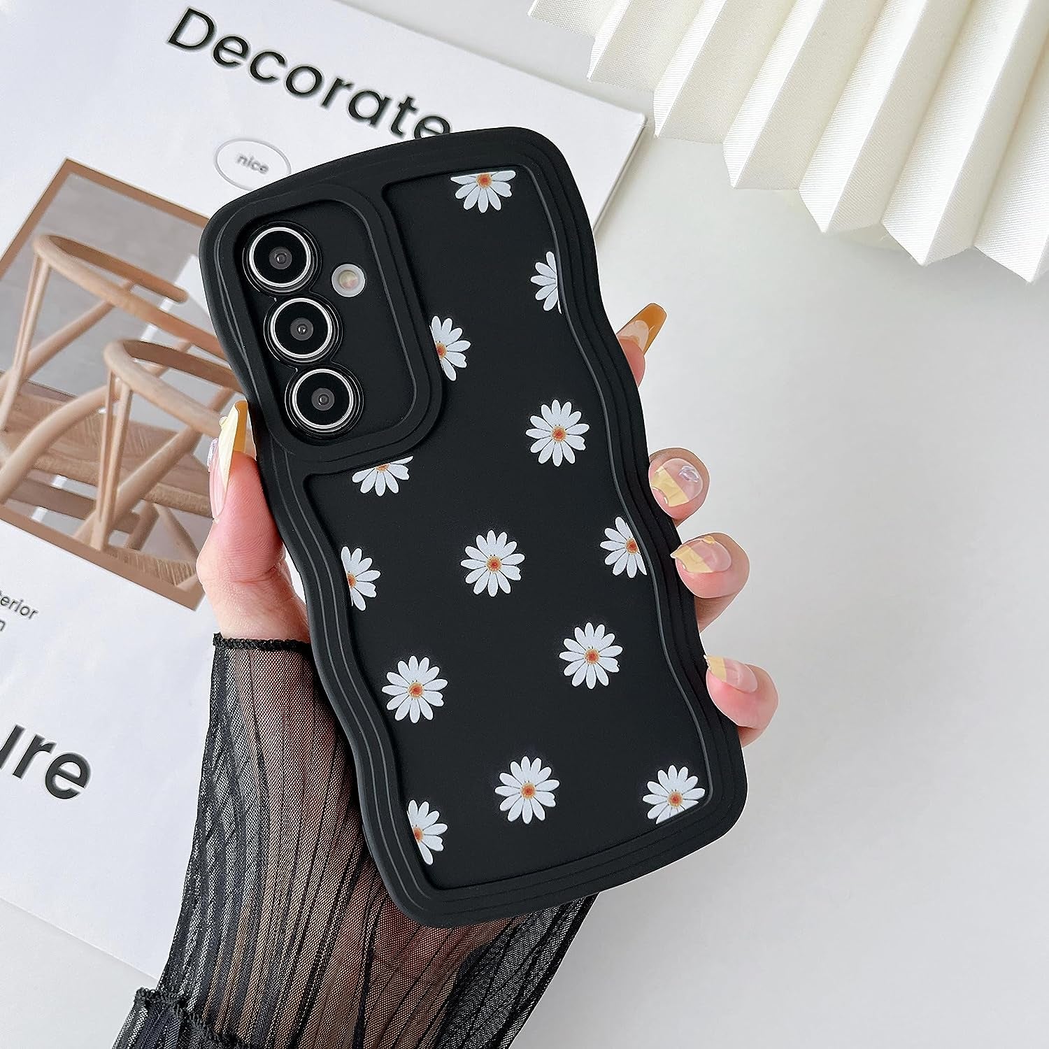 ZTOFERA Compatible with Samsung Galaxy A54 5G Case,Unique Curly Wave Frame with Daisy Pattern,Soft Liquid Silicone Anti-Fingerprint Shockproof Full Coverage&Lens Protective Case Samsung A54-Black  ZTOFERA   