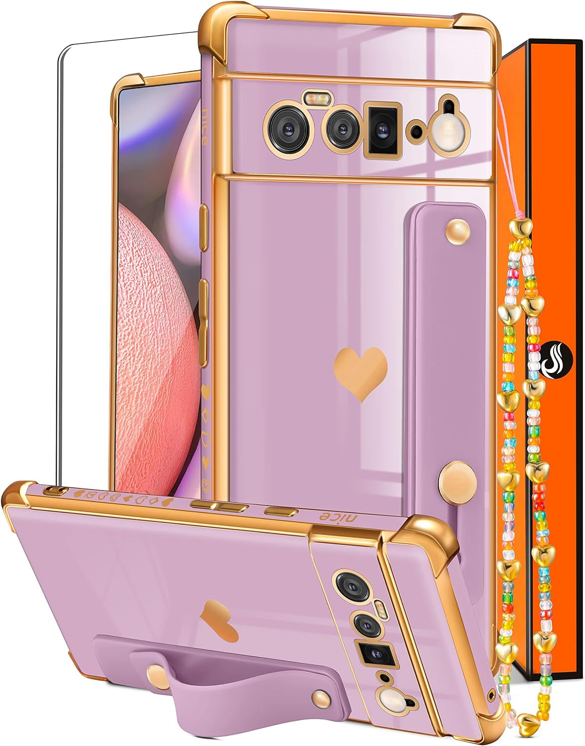 Likiyami (3In1 for Google Pixel 6 Pro Case 5G Heart for Women Girls Girly Cute Luxury Pretty with Stand Phone Cases Black and Gold Love Hearts Aesthetic Cover+Screen+Chain for Google Pixel 6 Pro 6.7"  Likiyami Only For Google Pixel 6 Pro 5G-Purple  