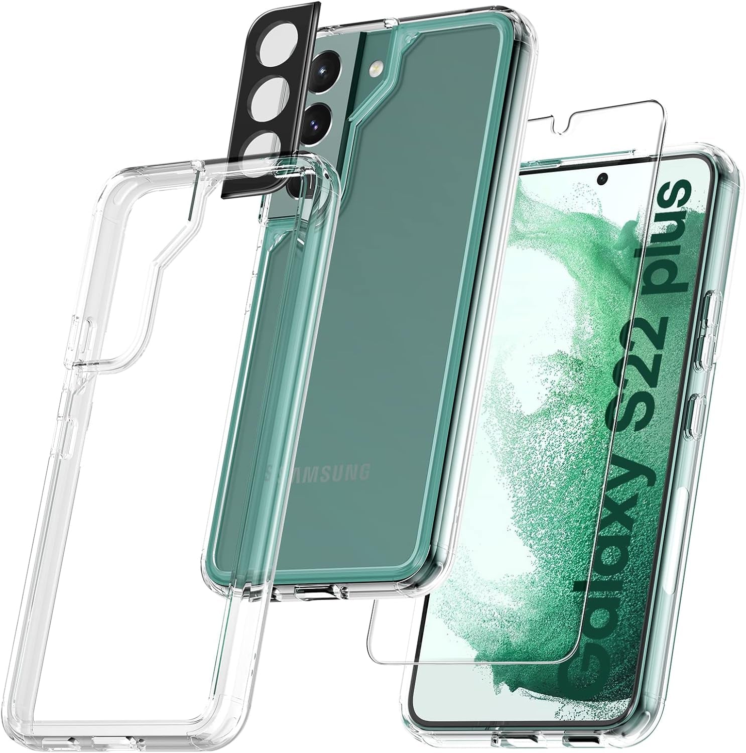 TAURI [5 in 1] Shockproof Designed for Samsung Galaxy S22 Case 5G 6.1 Inch, with 2 Pack Tempered Glass Screen Protector + 2 Pack Camera Lens Protector [Military Grade Protection] Slim Thin Cover  TAURI Crystal Clear S22 Plus-6.6 Inch 