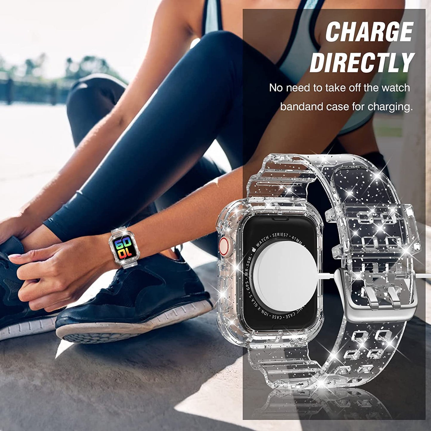 DABAOZA Compatible for Clear Apple Watch Band 38Mm 40Mm 41Mm 42Mm 44Mm 45Mm with Case, Women Girl Glitter Clear Bling Crystal Sport Strap and Bumper for Iwatch Band Ultra SE Series 8/7/6/5/4/3/2/1  DABAOZA   