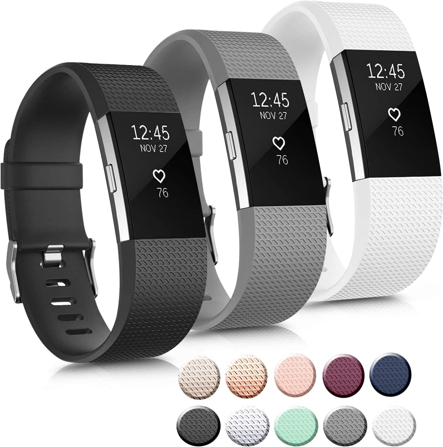 3 Pack Sport Bands Compatible with Fitbit Charge 2 Bands Women Men, Adjustable Replacement Strap Wristbands for Fitbit Charge 2 HR Small Large (Small, Black/Purple/Navy Blue)  Mugust Black/Gray/White Small 
