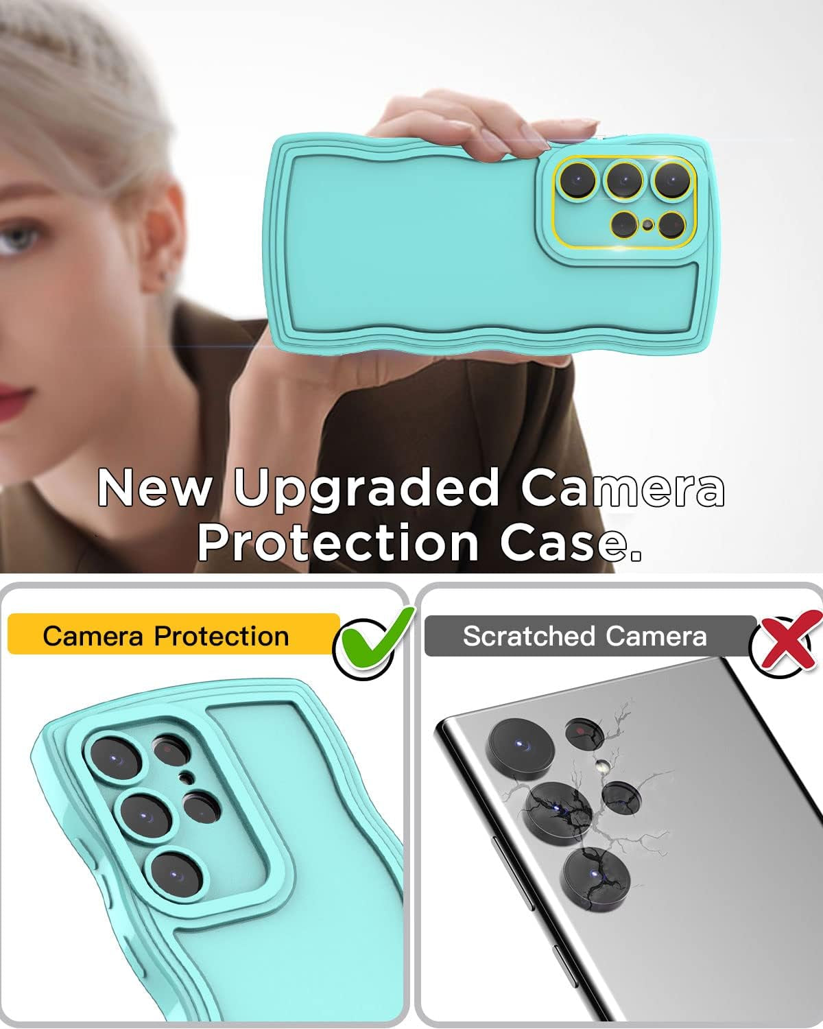 Aicase Cute Solid Color Curly Wave Frame Soft Compatible with Samsung Galaxy Phone Case (Blue, Galaxy S22 Ultra)  AICase   