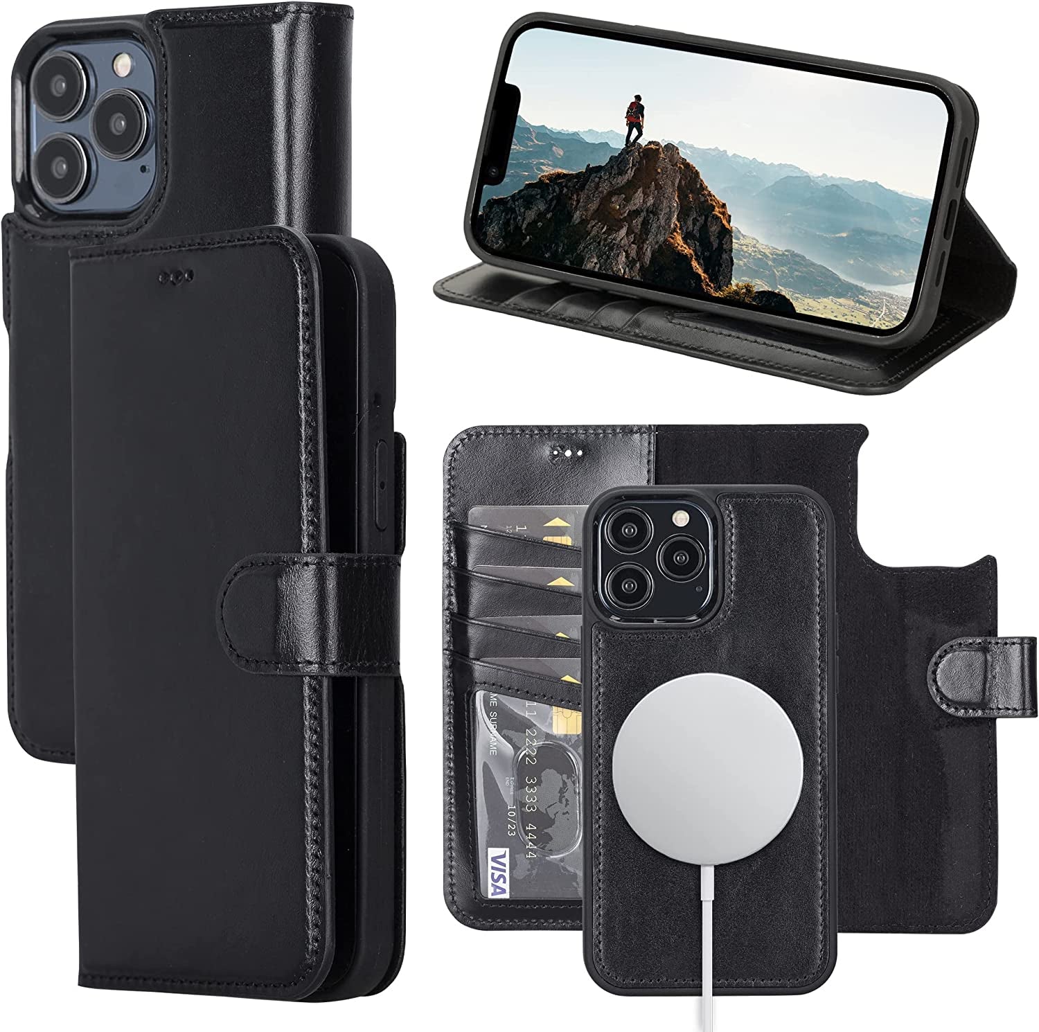 OXA Leather 2-In-1 Wallet Case Compatible with Iphone 14 Pro Max | Magnetic Detachable | Shockproof | RFID Blocking | Flip Case with Kickstand | Compatible with Magsafe | - Purple  OXA Black iPhone 14 Pro Max 