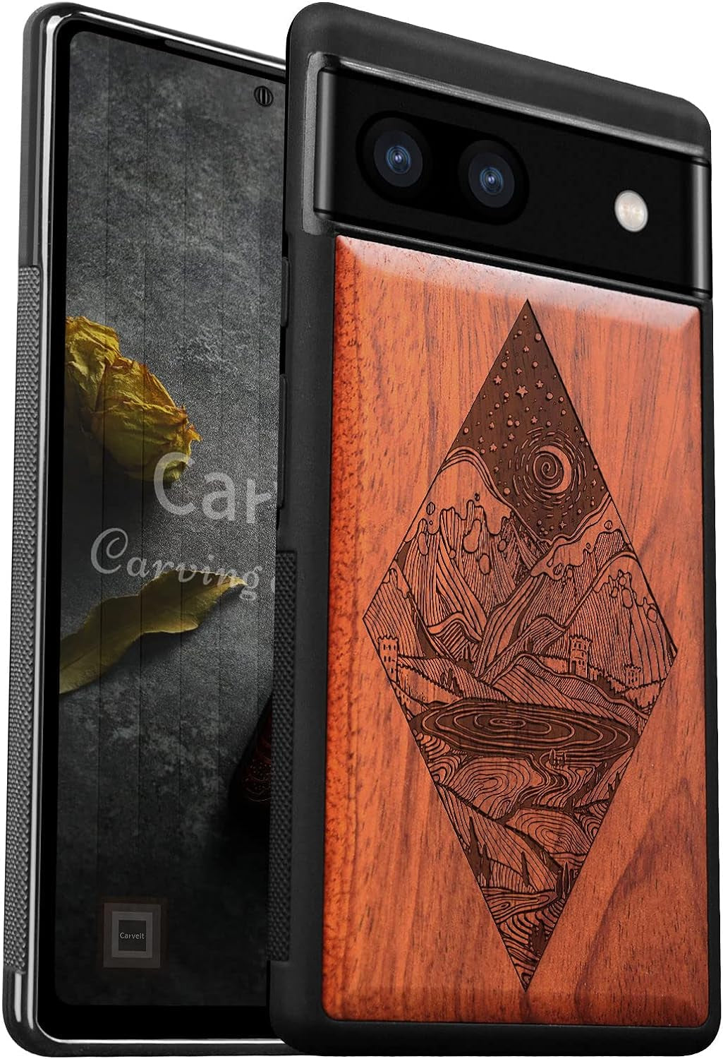 Carveit Wood Case for Pixel 6A Case 2022 [Natural Wood & Black Soft TPU] Shockproof Protective Cover Unique & Classy Wooden Case Compatible with Google Pixel 6A Case (Starry Night-Rosewood)  Carveit   