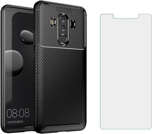 Phone Case for Huawei Mate 10 Pro with Tempered Glass Screen Protector Cover and Cell Accessories Slim Thin Rugged Soft TPU Silicone Carbon Fiber Hawaii Mate10Pro Mate10 10Pro Cases Women Men Black  Asuwish   