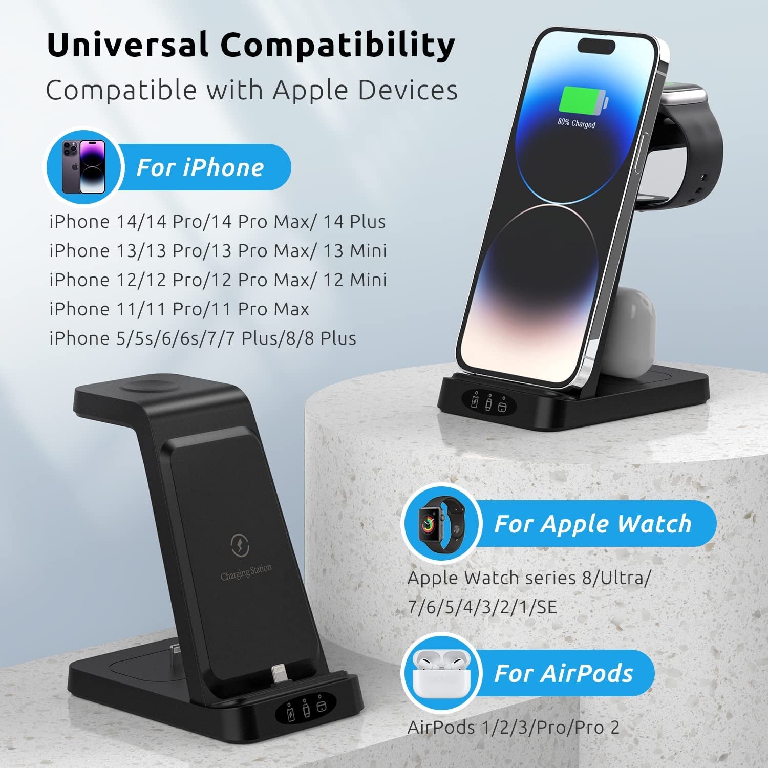 Charger Station for Apple Multiple Devices, 3 in 1 Fast Wireless Charging Dock Stand for Apple Watch 8 7 6 SE 5 4 3 2 Iphone 14 13 12 11 Pro X Max XS XR 8 7 plus 6S 6 Airpods 1 2 3 Pro with Adapter  Shenzhen Midason Technology Co.,Ltd   
