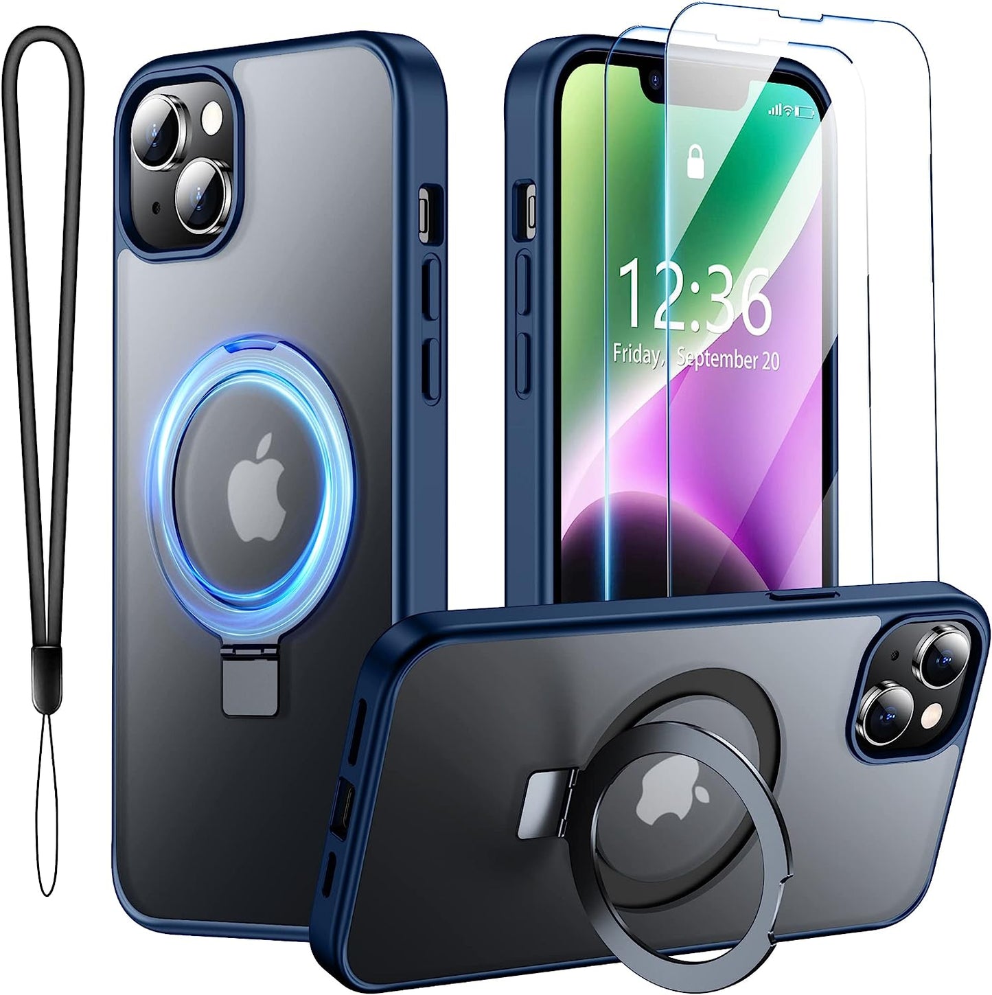 SPIDERCASE for Iphone 14 plus Case with Magnetic Invisible Stand,[Compatible for Magsafe][Military Grade Shockproof][2 Pack Tempered Glass Screen Protector] Translucent Matte Phone Case, Black  SPIDERCASE Blue Iphone 13/14 