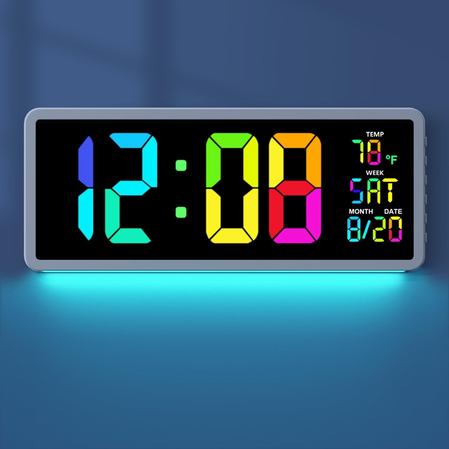 YORTOT 16” Large Digital Wall Clock with Remote Control - Adjustable Dimmer, 7 Color Night Lights, Big LED Clock with Indoor Temperature, Date, Auto DST, 12/24Hour, Wall Mount/Foldable Stand  YORTOT Colorful + Remote  