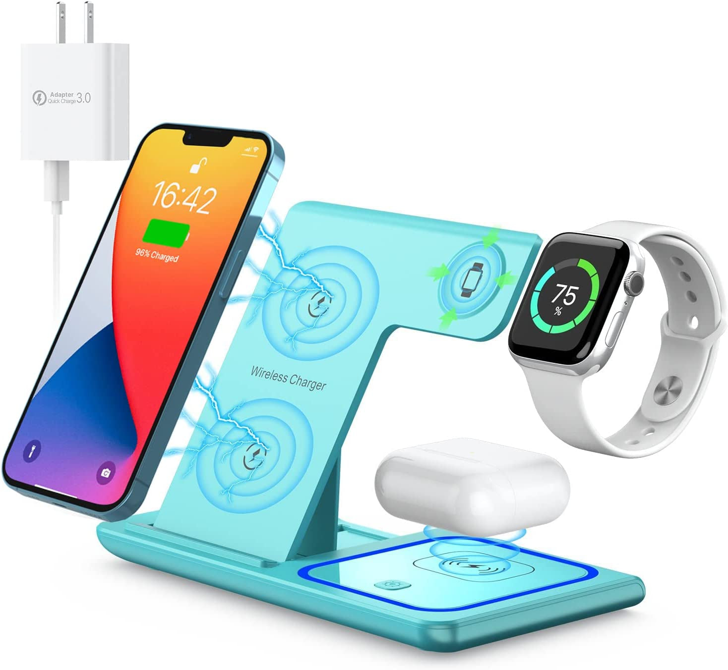 Wireless Charger,Mildily 3 in 1 Wireless Charging Station for Apple Iphone/Iwatch/Airpods,Iphone 13,12,11 (Pro, Pro Max)/Xs Max/Xr/Xs/X/8(Plus),Iwatch 7/6/Se/5/4/3/2,Airpods 3/2/Pro（Black）  XuHui green  