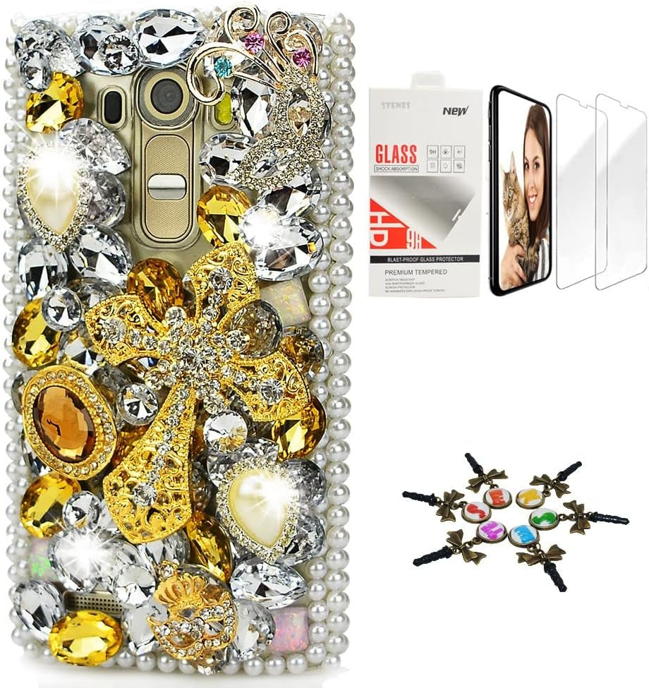 STENES Bling Case Compatible with LG G6 / LG G6 plus - Stylish - 3D Handmade [Sparkle Series] Tribal Mask Flowers Design Cover with Screen Protector [2 Pack] - Gold&Black  STENES Big Cross Mask / Goldwhite Design For Lg G6 / Lg G6 Plus 