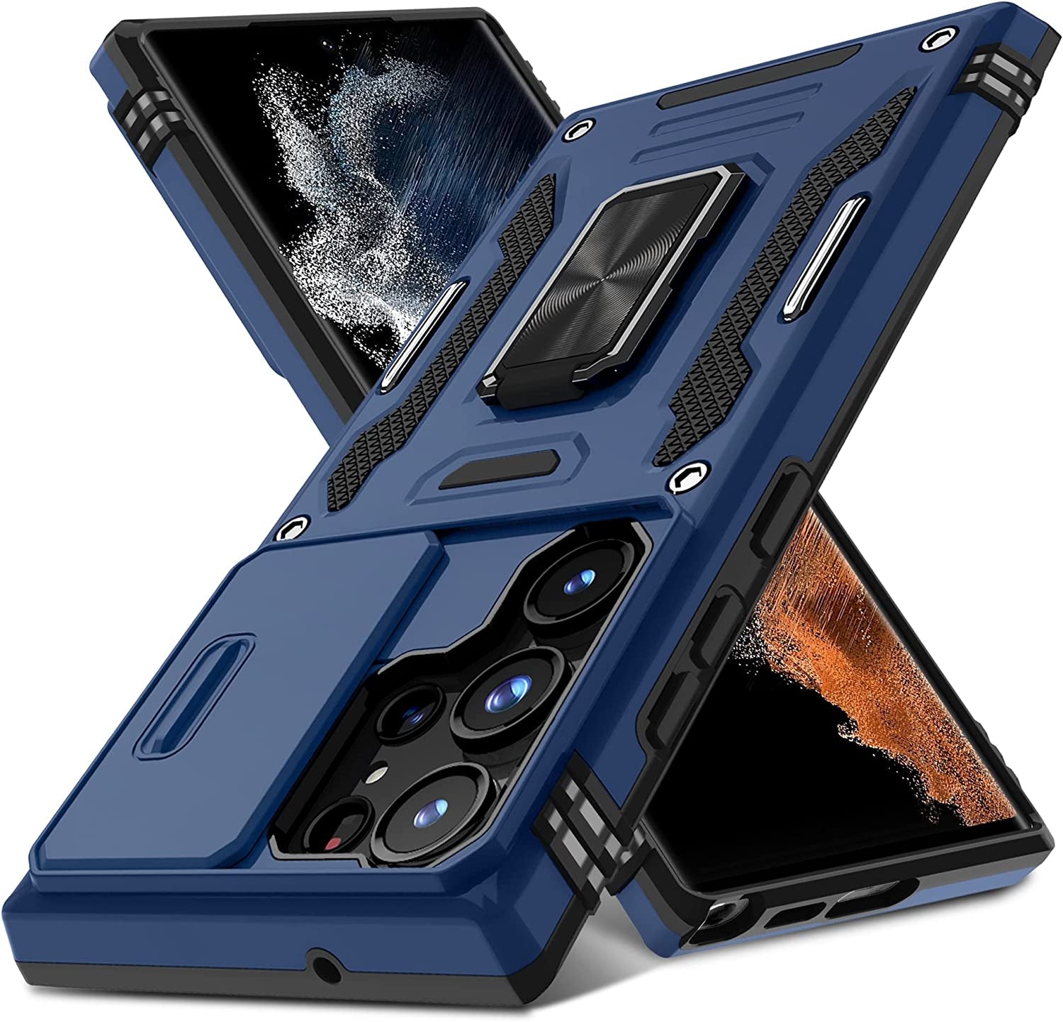 DEERLAMN for Samsung Galaxy S22 Ultra Case with Slide Camera Cover,Built-In Rotated Ring Kickstand [Full Camera Protection] [Military Grade] Heavy Duty Shockproof Protective Case Cover-Black  DEERLAMN Navy Blue Samsung Galaxy S22 Ultra-6.8 Inch 