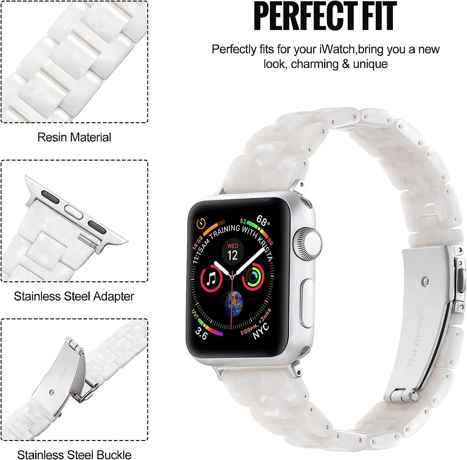 Sangaimei Light Fashion Resin Apple Watch Band with Stainless Steel Buckle Compatible Apple Watch Band 45Mm 44Mm 42Mm 41Mm 40Mm 38Mm Replacement Iwatch Series 8 7 6 5 4 3 2 1 SE for Women Starlight  SaNgaiMEi   