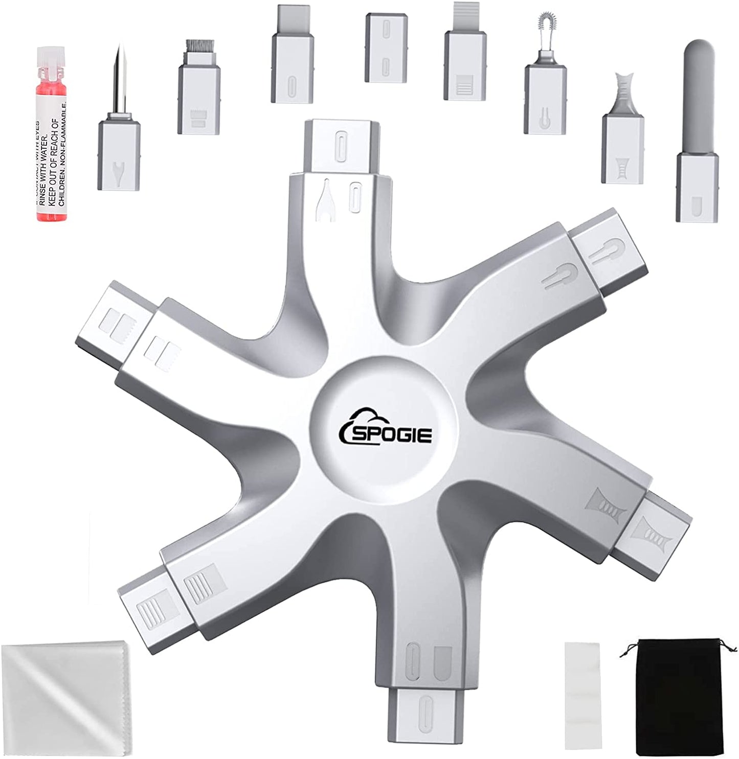 12 in 1 Iphone Cleaning Kit, Airpods Cleaning Kit with Portable Bag, Iphone Charging Port Cleaning Kit, Fix Unreliable Charging Connection, 2023 (Black)  Spogie Silver  