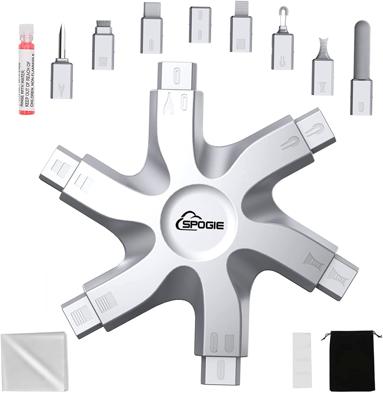 12 in 1 Iphone Cleaning Kit, Airpods Cleaning Kit with Portable Bag, Iphone Charging Port Cleaning Kit, Fix Unreliable Charging Connection, 2023 (Black)  Spogie Silver  