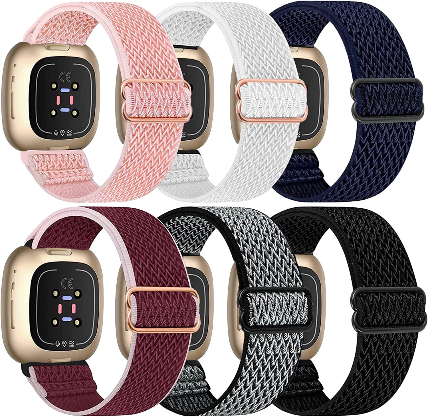 6 Packs Elastic Nylon Bands Compatible with Fitbit Versa 4 / Fitbit Sense 2 / Fitbit Versa 3 / Fitbit Sense, Adjustable Nylon Replacement Straps Wristband for Fitbit Versa 3/4 for Women Men  HUYIIO Pink+White+Navy+Black+Cherry+Silver  
