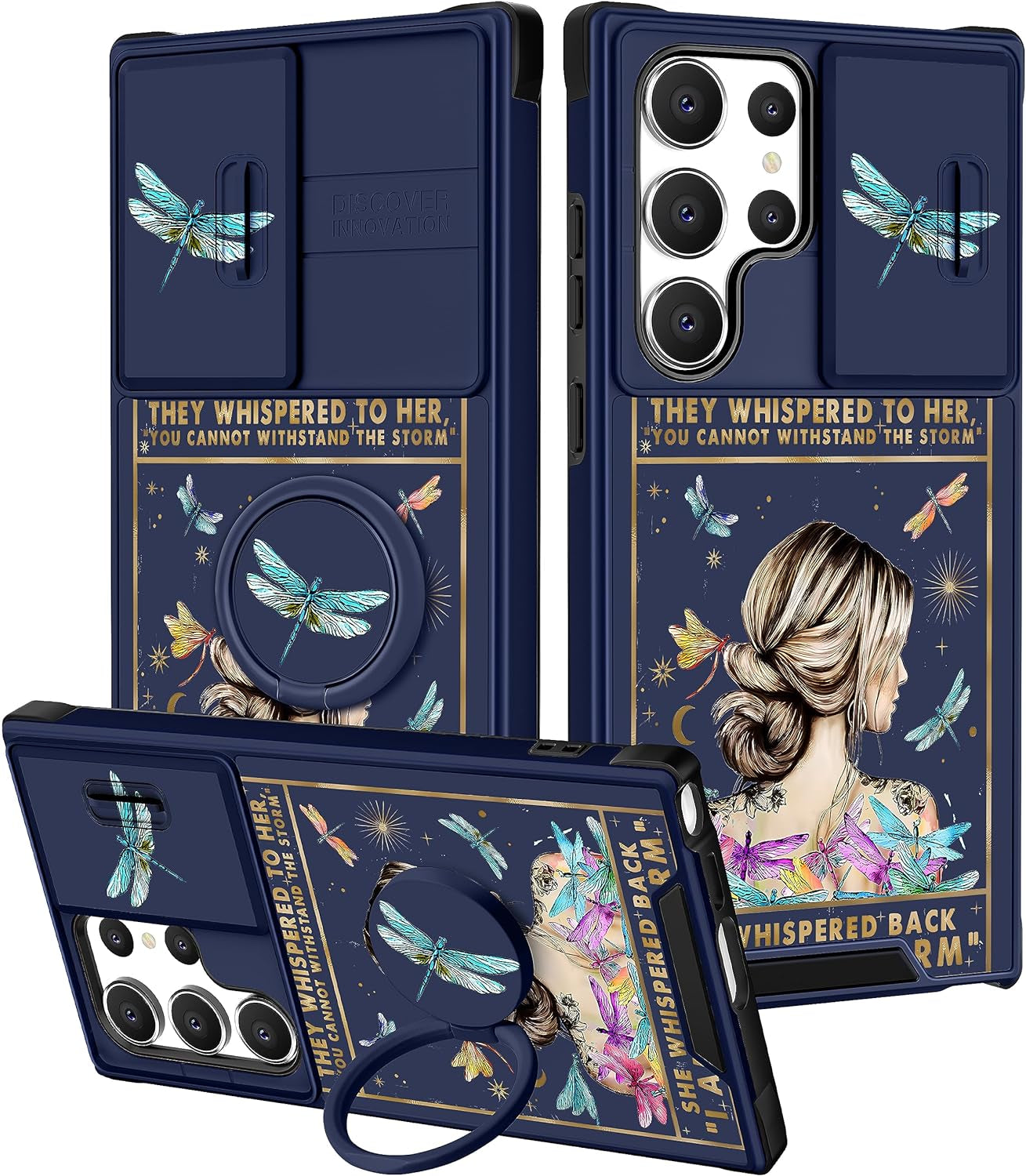 Funermei (2In1 for Samsung Galaxy S22 Ultra Case for Women Cute Butterfly Girls Phone Cover Girly Pretty Aesthetic Butterfly Design with Camera Cover and Ring Stand Funda for S22 Ultra Case 5G  Funermei 2-For S22 Ultra-Girl Back  