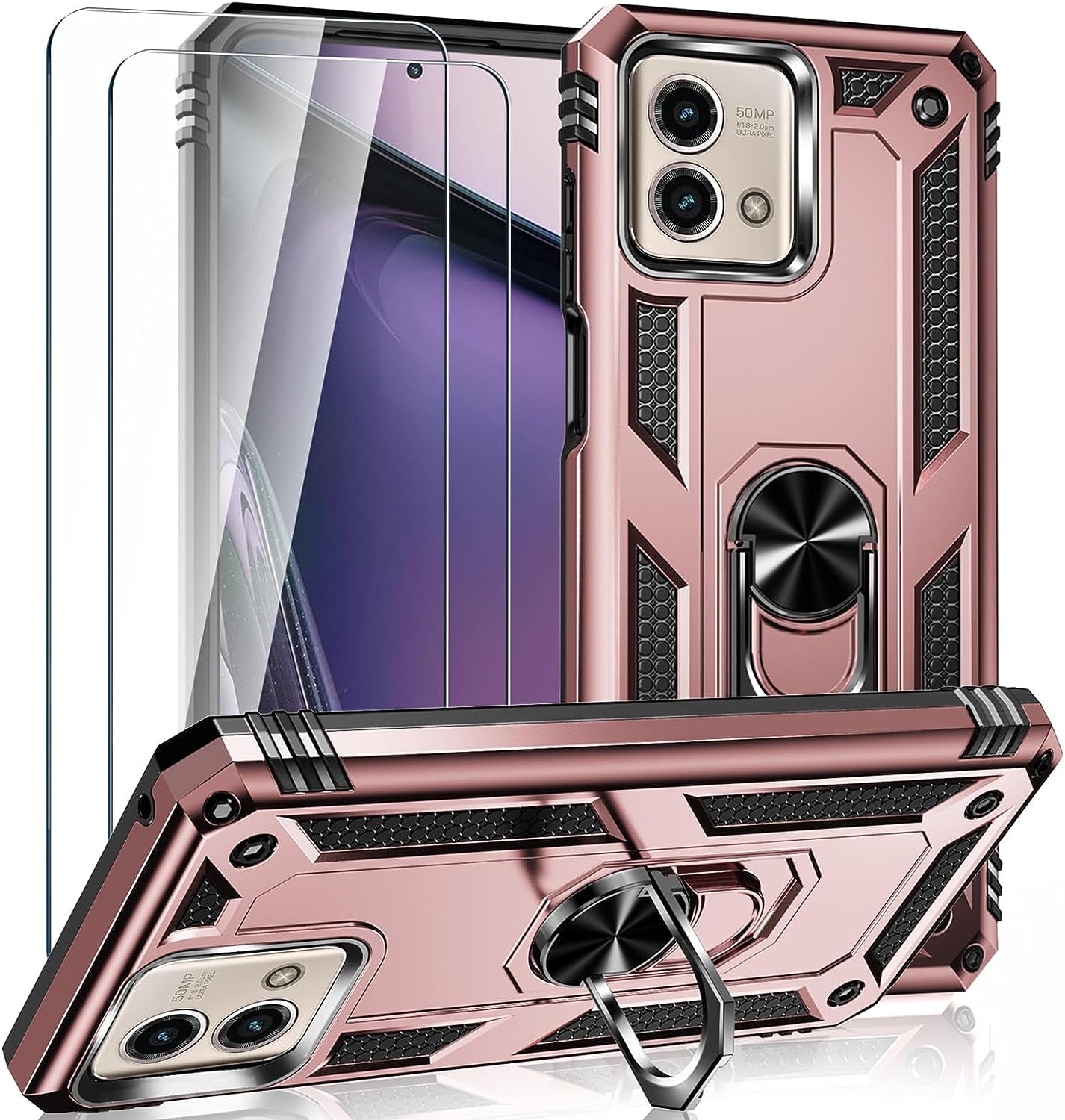 For Motorola Moto G Stylus 5G 2023 Case with 2 Pcs Tempered Glass Screen Protector, [Military-Grade] Rugged Heavy Duty Shockproof Phone Case Cover with Kickstand for Moto G Stylus 5G 2023, Black  Steuscey Rose Gold  