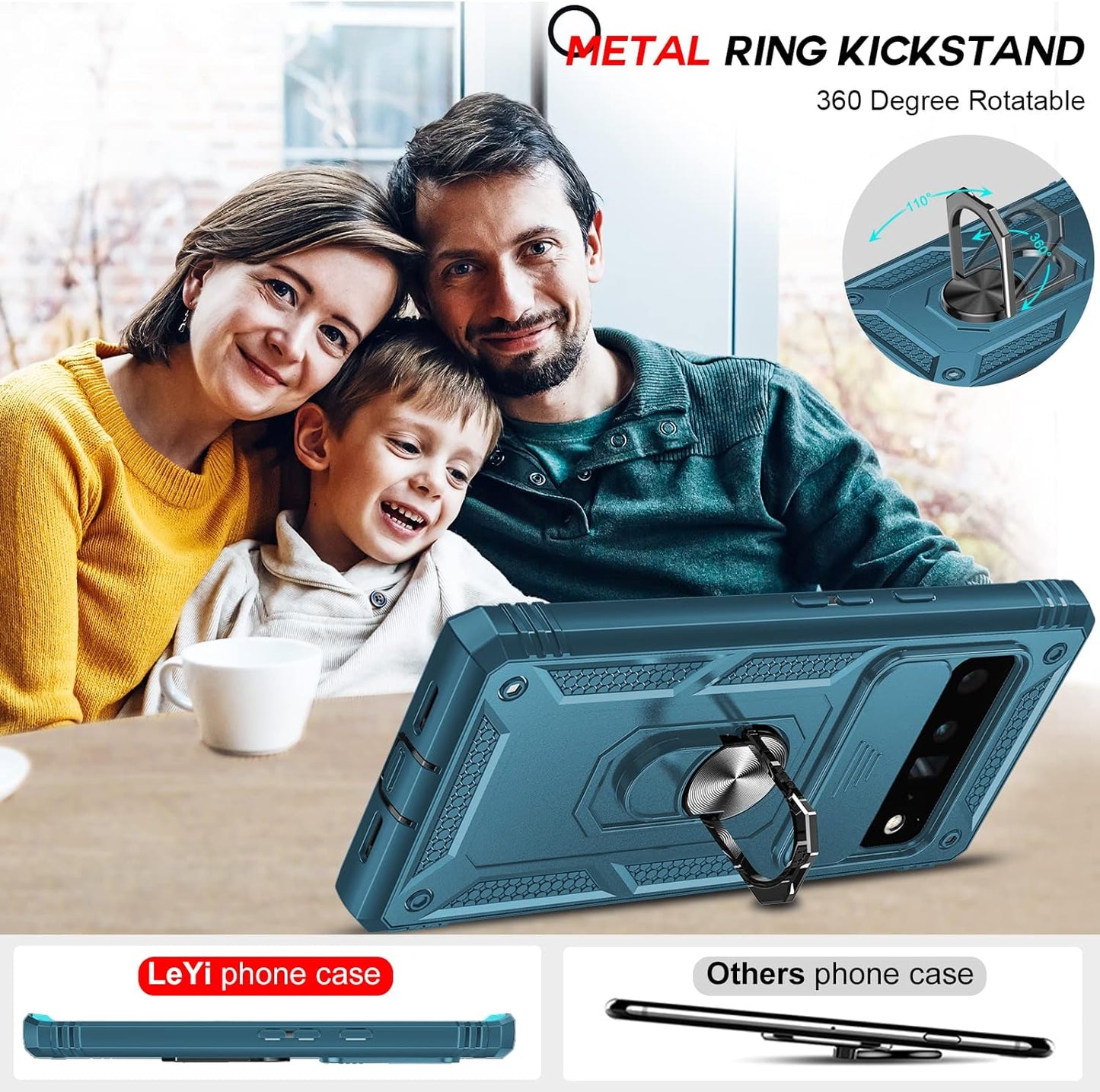 Leyi for Pixel 6 Pro Case: Google Pixel 6 Pro Case with Slide Camera Cover, 360 Full Body Military-Grade Phone Case with Kickstand for Pixel 6 Pro, Sea Blue  LeYi   