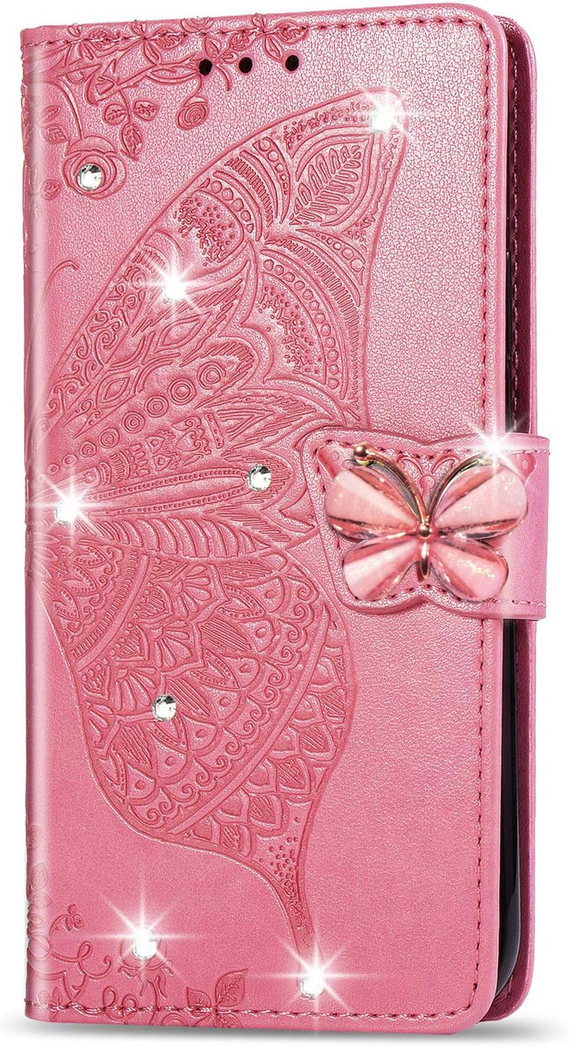 ZYZX LG G8 Thinq Wallet Case,3D Butterfly Flower LG G8 Thinq PU Leather Flip Phone Shell, with Credit Cards Slot and Stand Shockproof Magnetic Protective Cover-Hzd  ZYZX Rhinestone Pink  