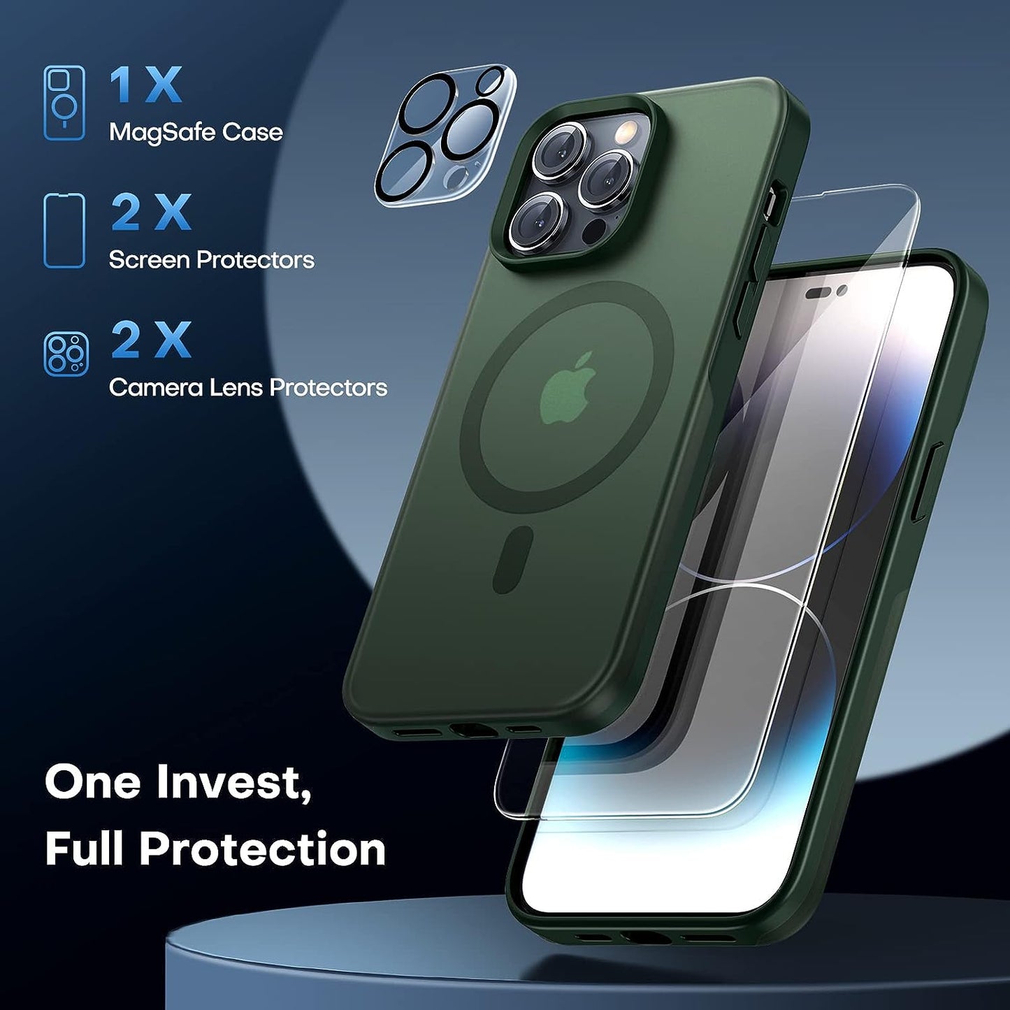 TAURI [5 in 1 Magnetic Case for Iphone 14 Pro [Military Grade Drop Protection] with 2X Screen Protector +2X Camera Lens Protector, Translucent Matte Slim Fit Designed for Magsafe Case-Green  TAURI   