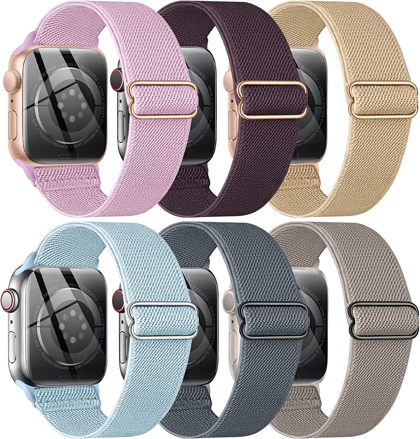 BELONGME 6 Packs Stretchy Nylon Solo Loop for Apple Watch Band Series Ultra SE 8 7 6 5 4 3 2 1 40Mm 38Mm 44Mm 42Mm 45Mm 41Mm 49Mm, Women and Men Sport Apple Watch Bands Replacement for Iwatch Bands  BELONGME Khaki/Stone/Lavender/Cherry Purple/Sky Blue/Blue Grey 41mm/40mm/38mm 