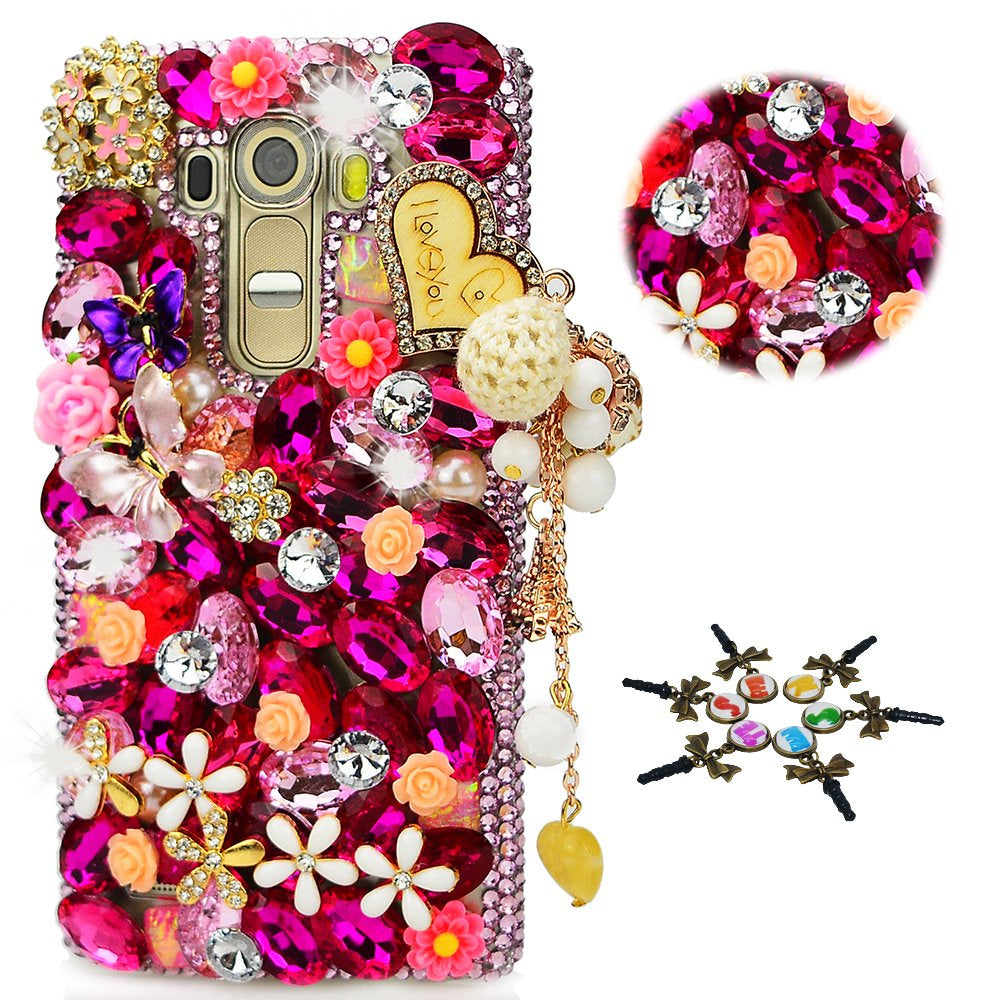 STENES Bling Case Compatible with LG G8 Thinq - STYLISH - 3D Handmade Crystal Heart Pendant Dance Butterfly Flowers Design Protective Cover Compatible with LG G8 Thinq - Pink  STENES   