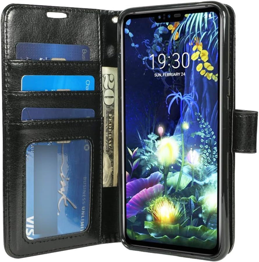 Zase LG G8 Thinq Wallet Case, Design for LG G8 Protective Cover Premium PU Leather Flip Folio TPU Case W/[Wrist Strap] Card Slot Money Pocket [Built-In Kickstand] (Solid Black)  Zase   