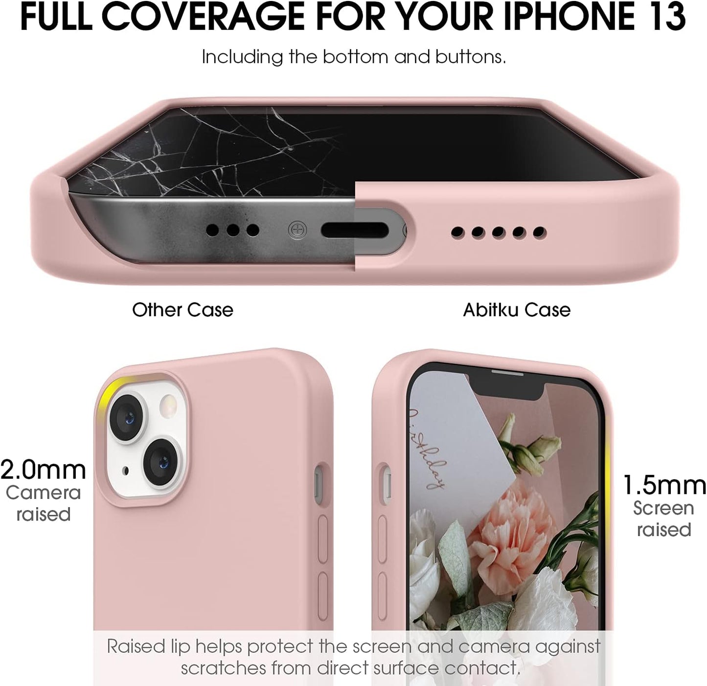 ABITKU Compatible with Iphone 13 Case 2021, Liquid Silicone Soft Gel Rubber Full Coverage Body [With Screen & Camera Protection] Shockproof Drop Phone Case Cover 6.1 Inch (Pink)  ABITKU   