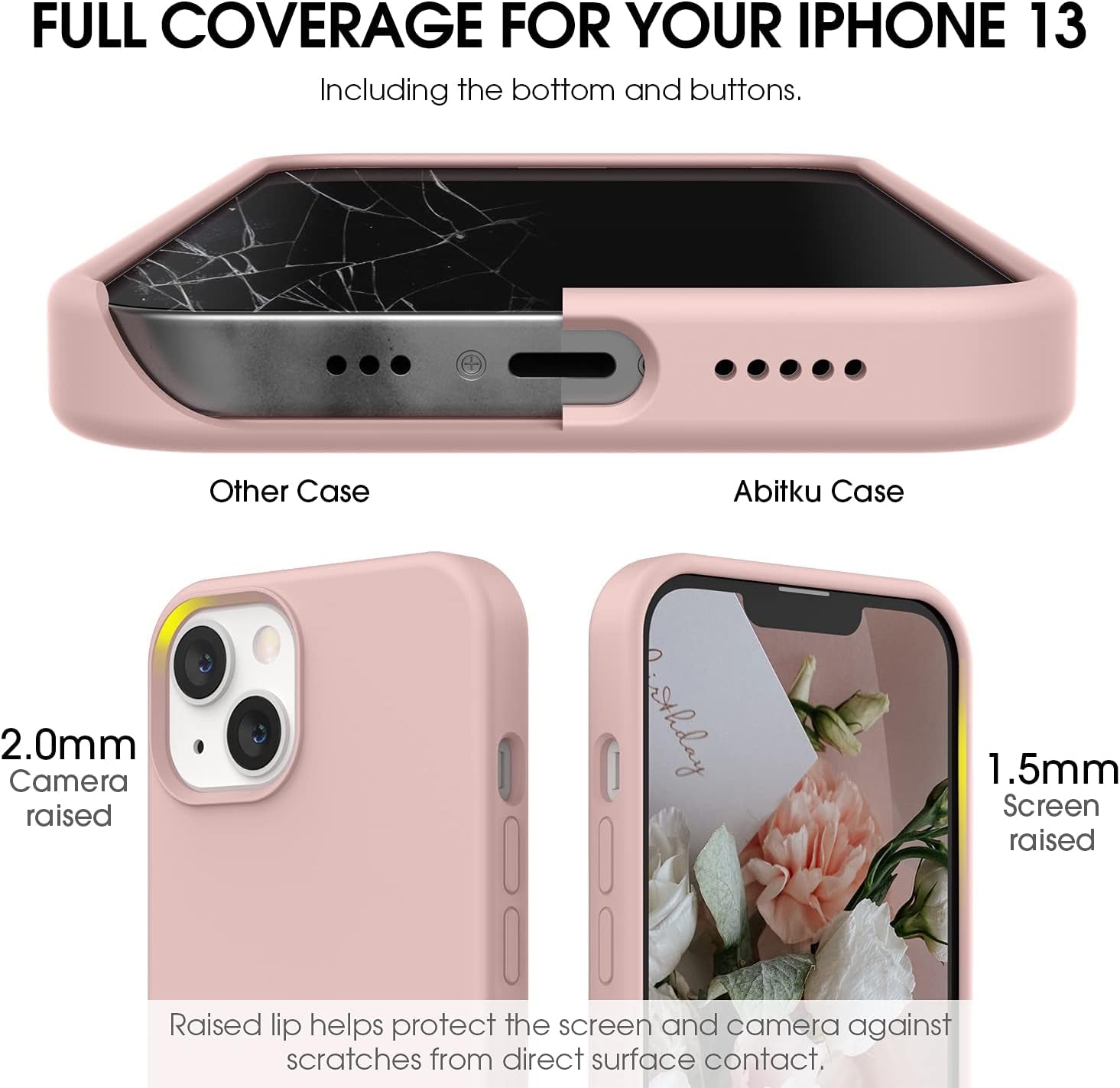 ABITKU Compatible with Iphone 13 Case 2021, Liquid Silicone Soft Gel Rubber Full Coverage Body [With Screen & Camera Protection] Shockproof Drop Phone Case Cover 6.1 Inch (Pink)  ABITKU   