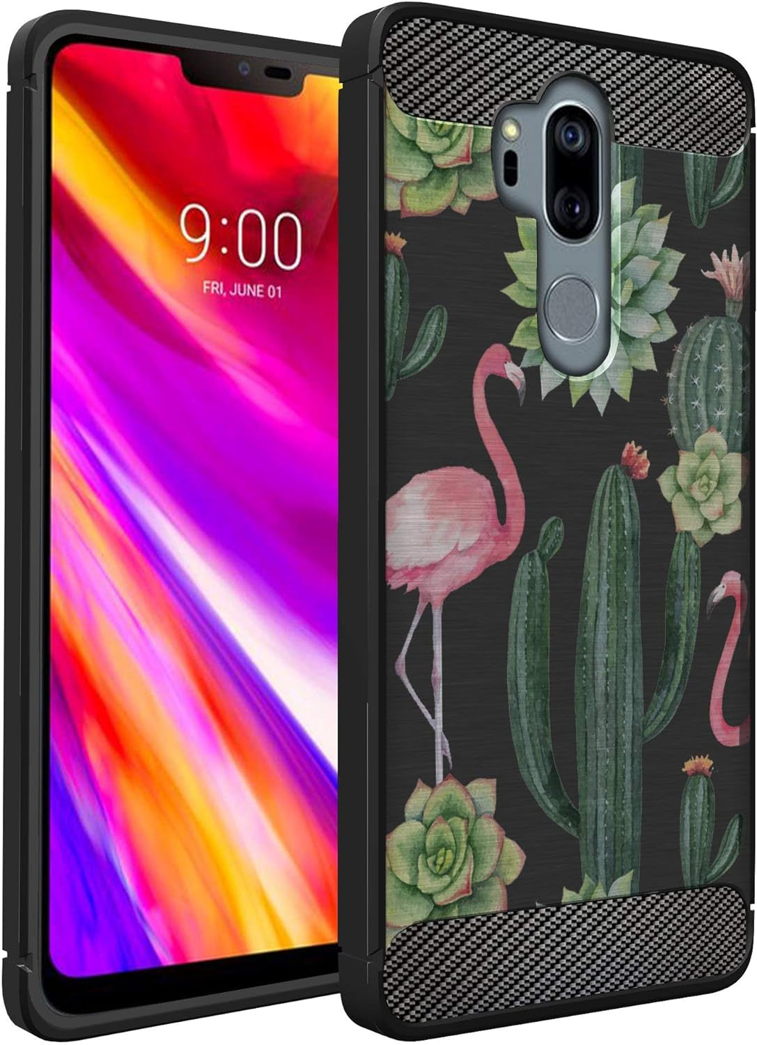 Casesondeck Case Compatible with [LG G7 / LG G7 Thinq] Tribal Floral Matte TPU Flexible Carbon Fiber Textured (Horse Tribal)  CasesonDeck Flamingo Cactus  