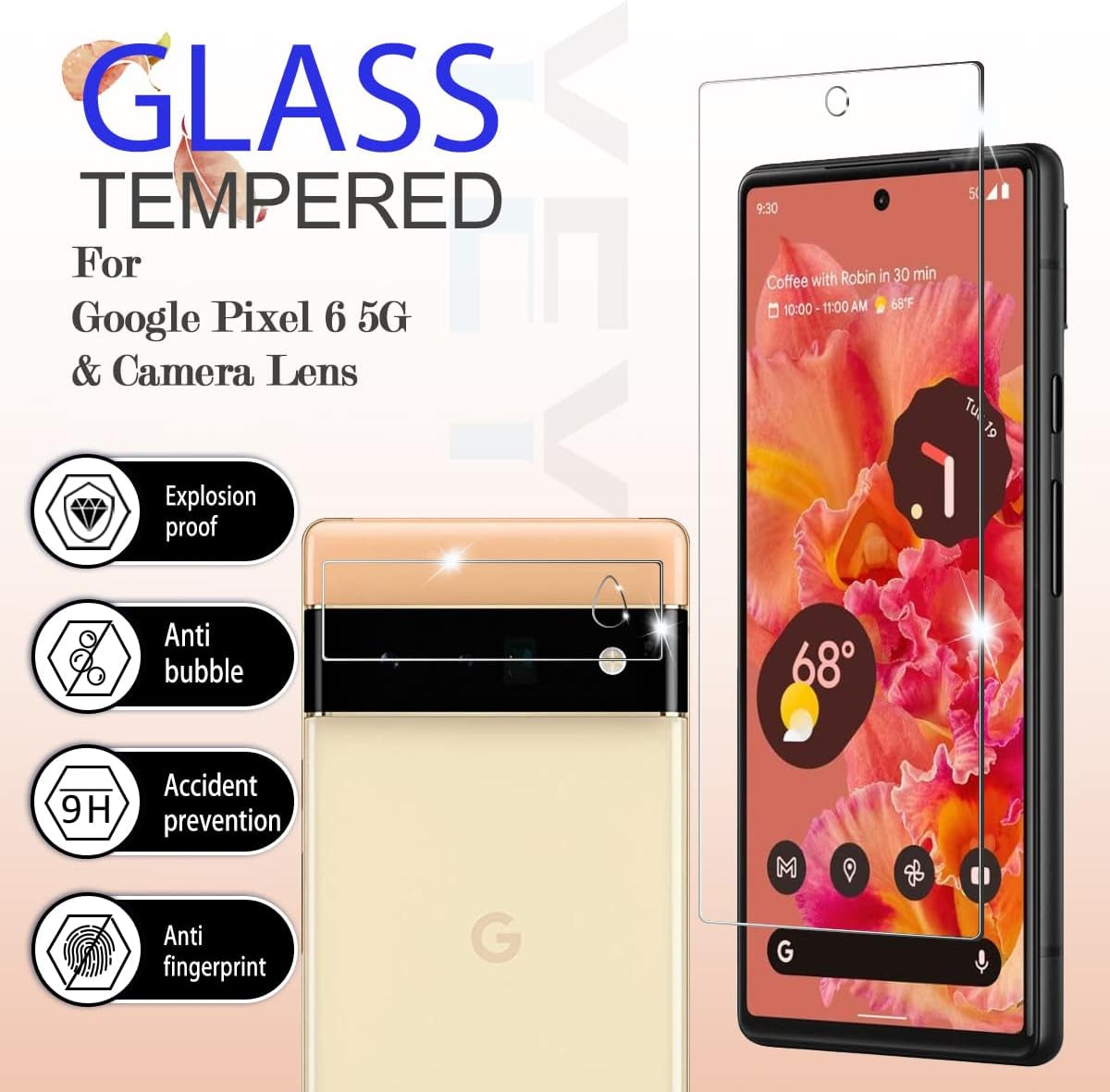 YEYEBF Google Pixel 6 5G Screen Protector + Camera Lens Protectors, [2+2 Pack] Full Coverage Tempered Glass Screen Protector for Pixel 6 [Case-Friendly][Anti-Shatter][3D Glass]  YEBF   