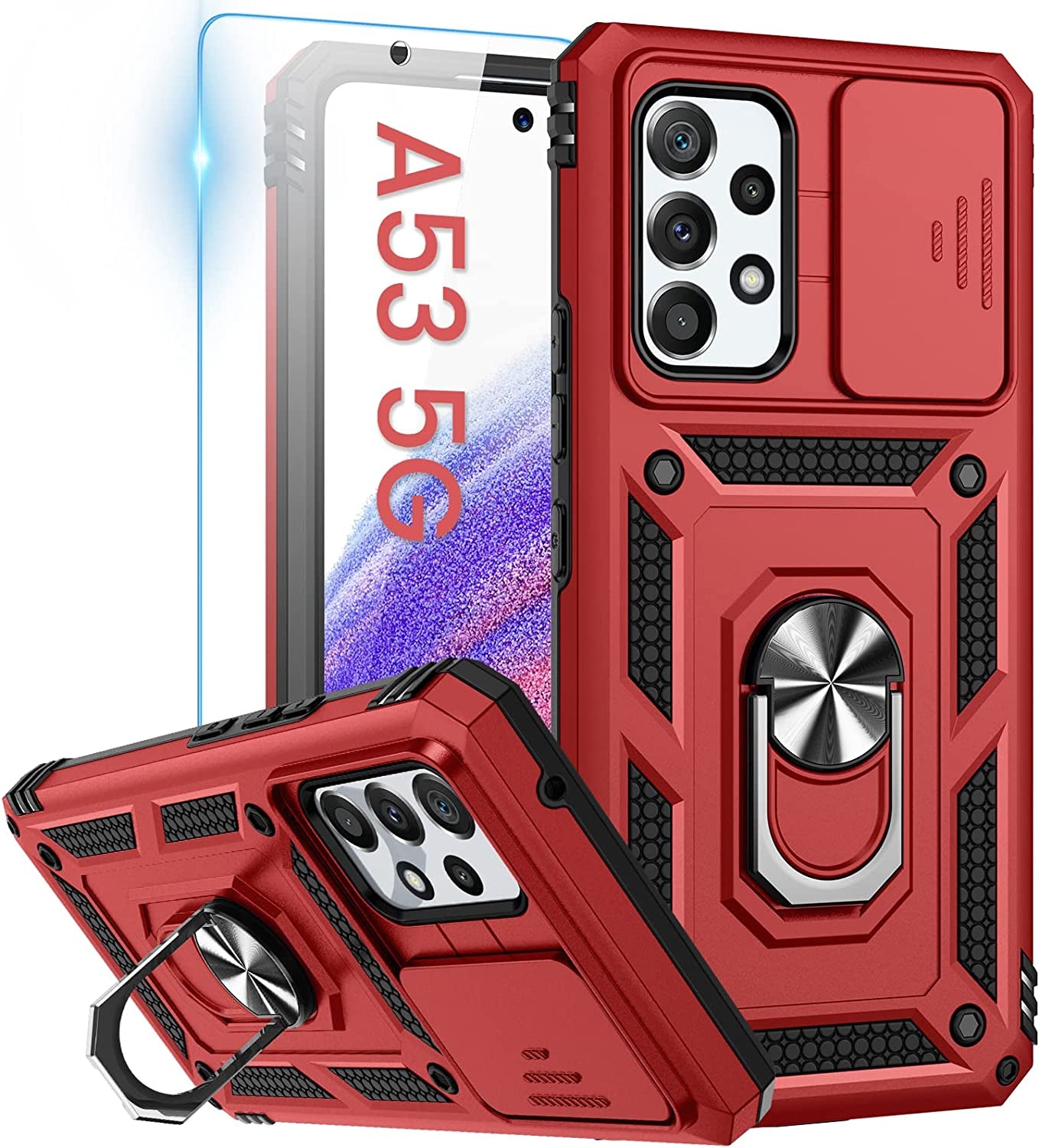 Goton for Samsung A53 5G Case, Galaxy A53 5G Case with Camera Cover & 360°Kickstand Ring with Tempered Glass Screen Protector, Military Grade Shockproof Protective Cover for A53 5G Case Black  Goton Red  