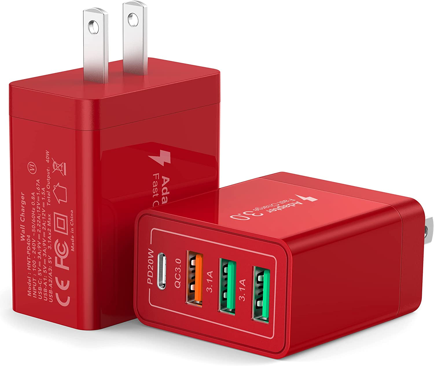 [2 Pack] USB-C Wall Charger, 40W Durable 4Port QC+PD 3.0 Power Adapter, Double Fast Plug Charging Block for Iphone 14/14 Pro/14 Pro Max/14 Plus/13/12/11, XS/XR/X, Watch Series 8/7 Cube(White)  CSODINCE Red  