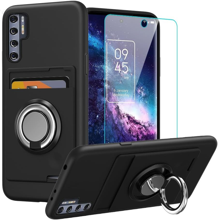 Anneey for Oneplus 11 5G Phone Case with Tempered Glass Screen Protector, Card Holder with Ring Stand Case for 1+ 11 5G Cover - Black  Anneey   