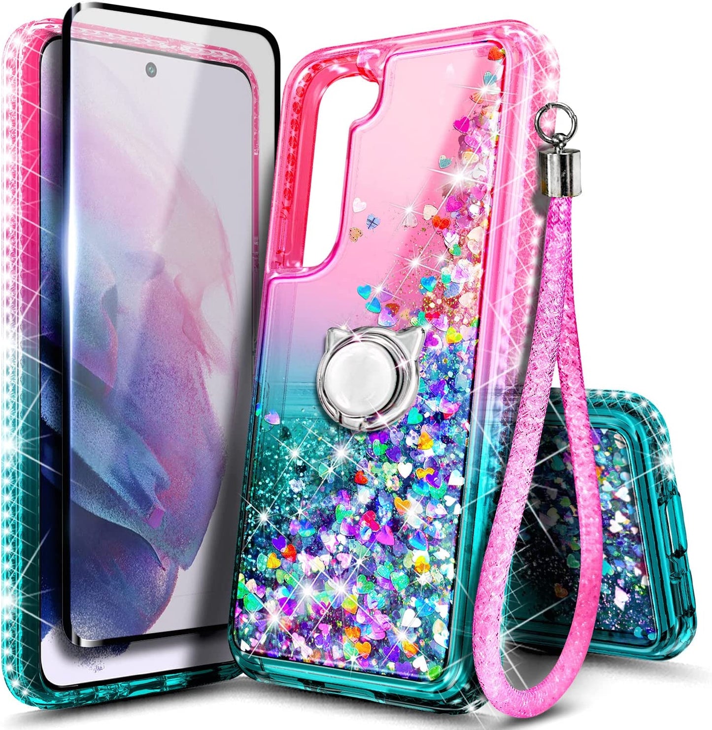 NGB Supremacy Compatible with Samsung Galaxy S22 plus Case (5G 6.6 Inch) with Screen Protector (Maximum Coverage, Flexible TPU), Ring Holder/Wrist Strap, Glitter Liquid Cute Case (Crystal Gem)  NGB Supremacy Pink/Aqua  