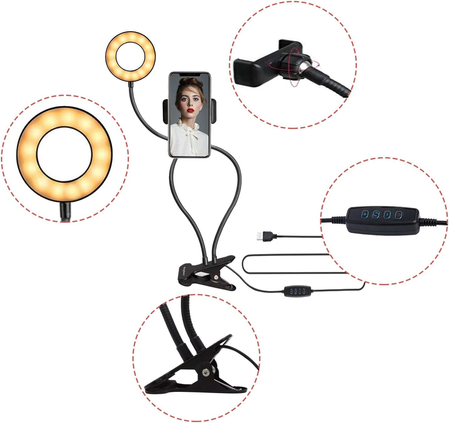 Fimghsoo Selfie Ring Light with Cell Phone Holder for Live Stream/Makeup/Video Chat, LED Camera Beauty Light with Flexible Arms[3-Light Mode][10-Level Brightness], Compatible Iphone Android Phone  Fimghsoo   