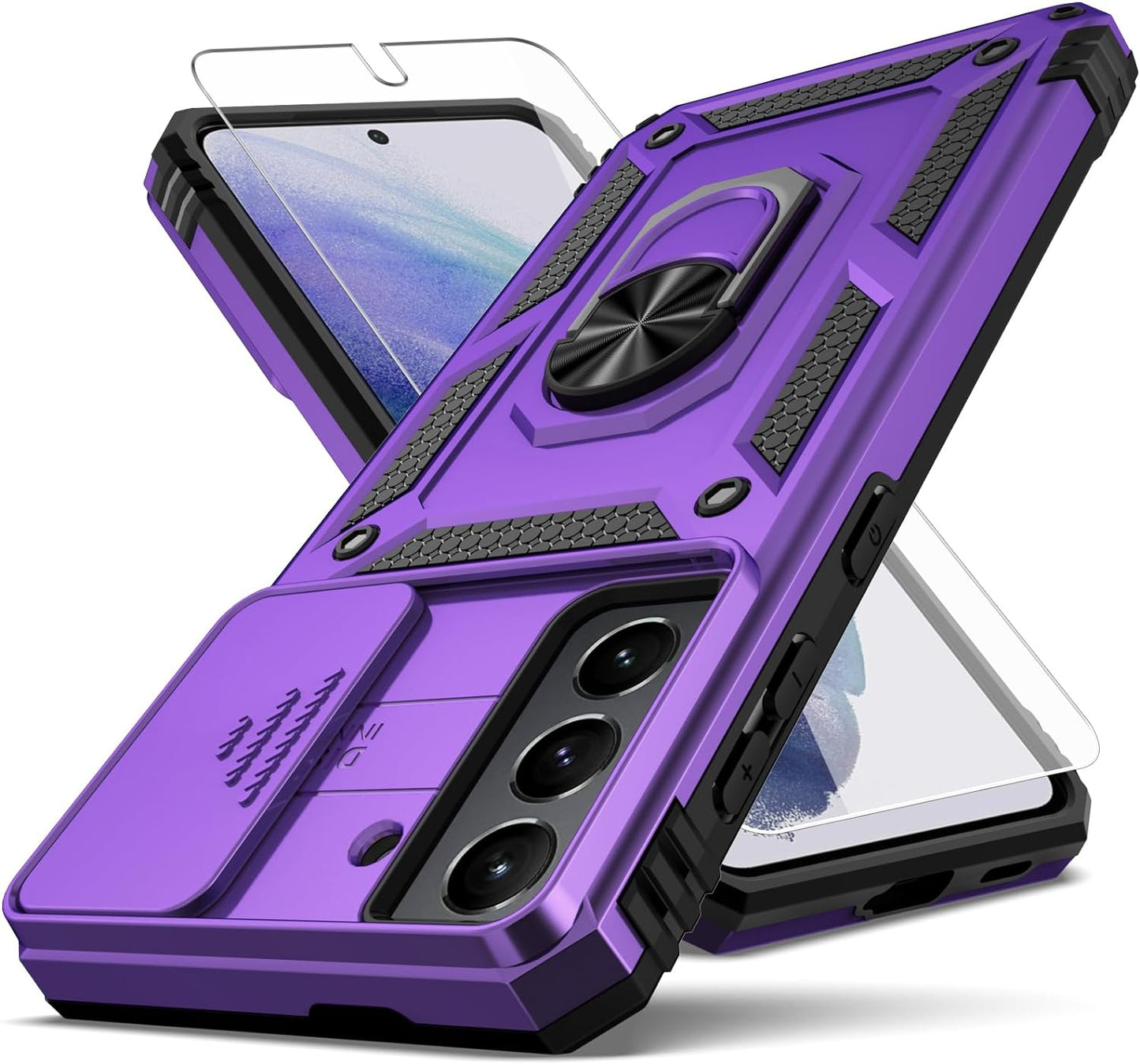 YZOK for Samsung Galaxy S21 Case,With Camera Lens Cover HD Screen Protector,[Military Grade] Ring Car Mount Kickstand Hybrid Hard PC Soft TPU Shockproof Protective Case for Galaxy S21, Red  YZOK Purple  