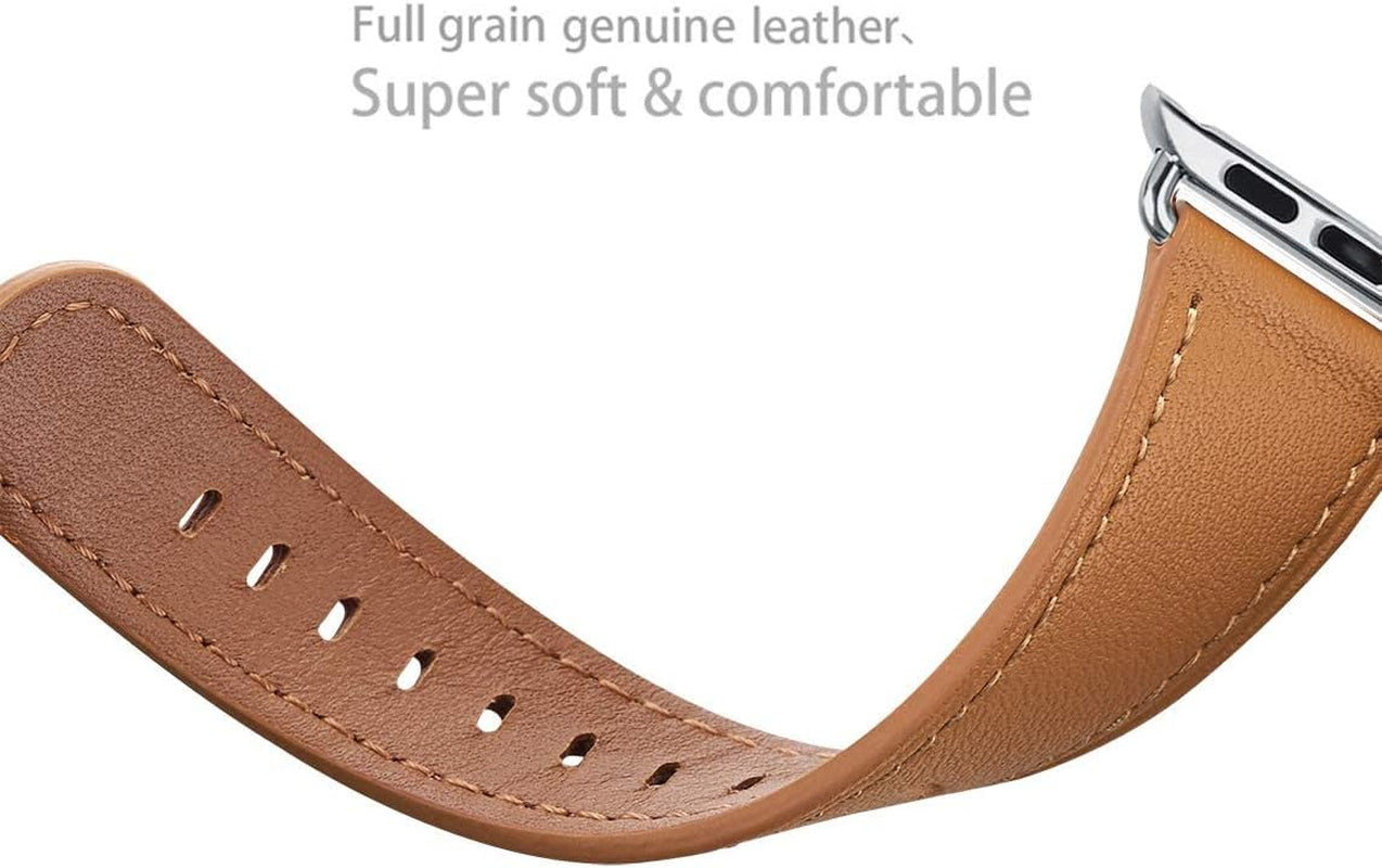 WFEAGL Compatible Iwatch Band 42Mm 44Mm 45Mm, Top Grain Leather Bands of Many Colors for Iwatch SE & Series 7,Series 6,Series 5,Series 4,Series 3,Series 2,Series 1 (Light Brown+Silver, 42Mm 44Mm 45Mm)  WFEAGL   