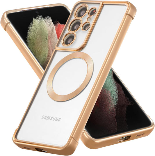 RALEAVO Magnetic Case for Samsung Galaxy S21 Ultra Clear Case Cover [Compatible with Magsafe & Military Grade Drop Protection] Transparent Shockproof Slim Plated Phone Case - Gold  RALEAVO   