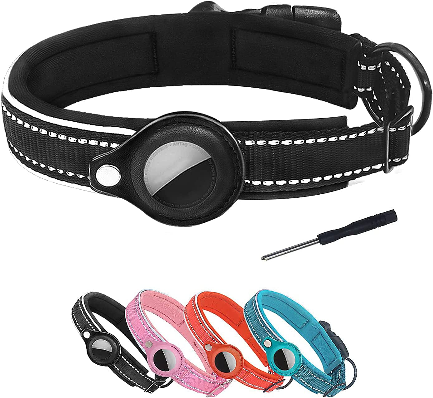 DERLOW Dog Collar with Airtag Case, Reflective Soft Neoprene Padded Breathable Nylon Pet Collar, Adjustable Airtag Dog Collar Holder for Small Medium Large Dogs, Black M  DERLOW   