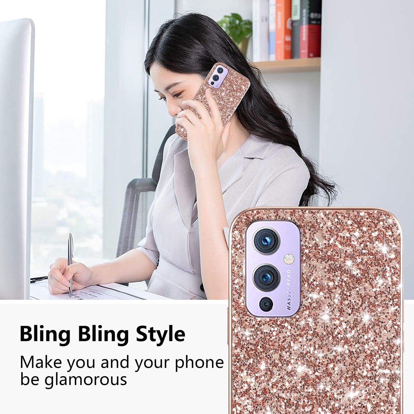 Compatible with Oneplus 9 Case Glitter Shockproof,Oneplus 9 Phone Case Bling Sparkly Soft TPU and PC Silicone Shiny Girl Women Thin Protective Cover (Rose Gold)  Wousunly   