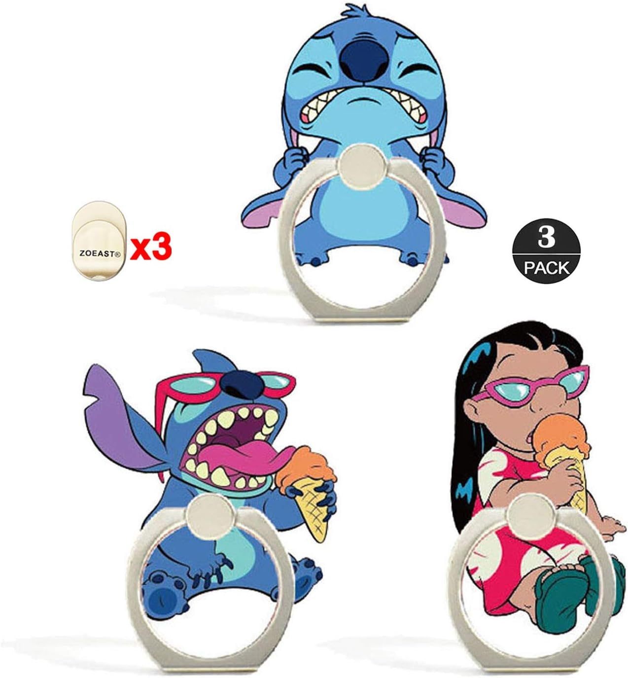 ZOSTLAND 3Pack Naughty Funny Blue Alien ET Handstand Stitch Phone Ring Universal 360°Adjustable Phone Case Finger Grip Stand Holder Desk Stent Mount Car Compatible with Iphone 13 12 11 MAX X plus Ipad  ZOEAST 3PCS Good Friend  