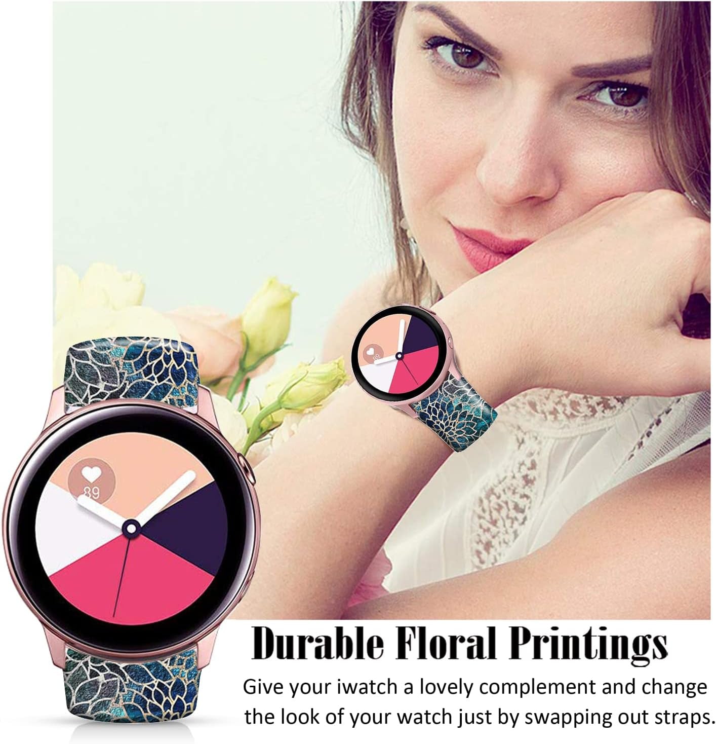 20MM Silicone Sport Bands Compatible for Samsung Galaxy Watch 4 40Mm 44Mm/Classic 42Mm 46Mm/Watch 3 41Mm, Active 2 Watch Bands /Gear S2, FTFCASE Turquoise Pattern Strap for Women Men Girls  FTFCASE   