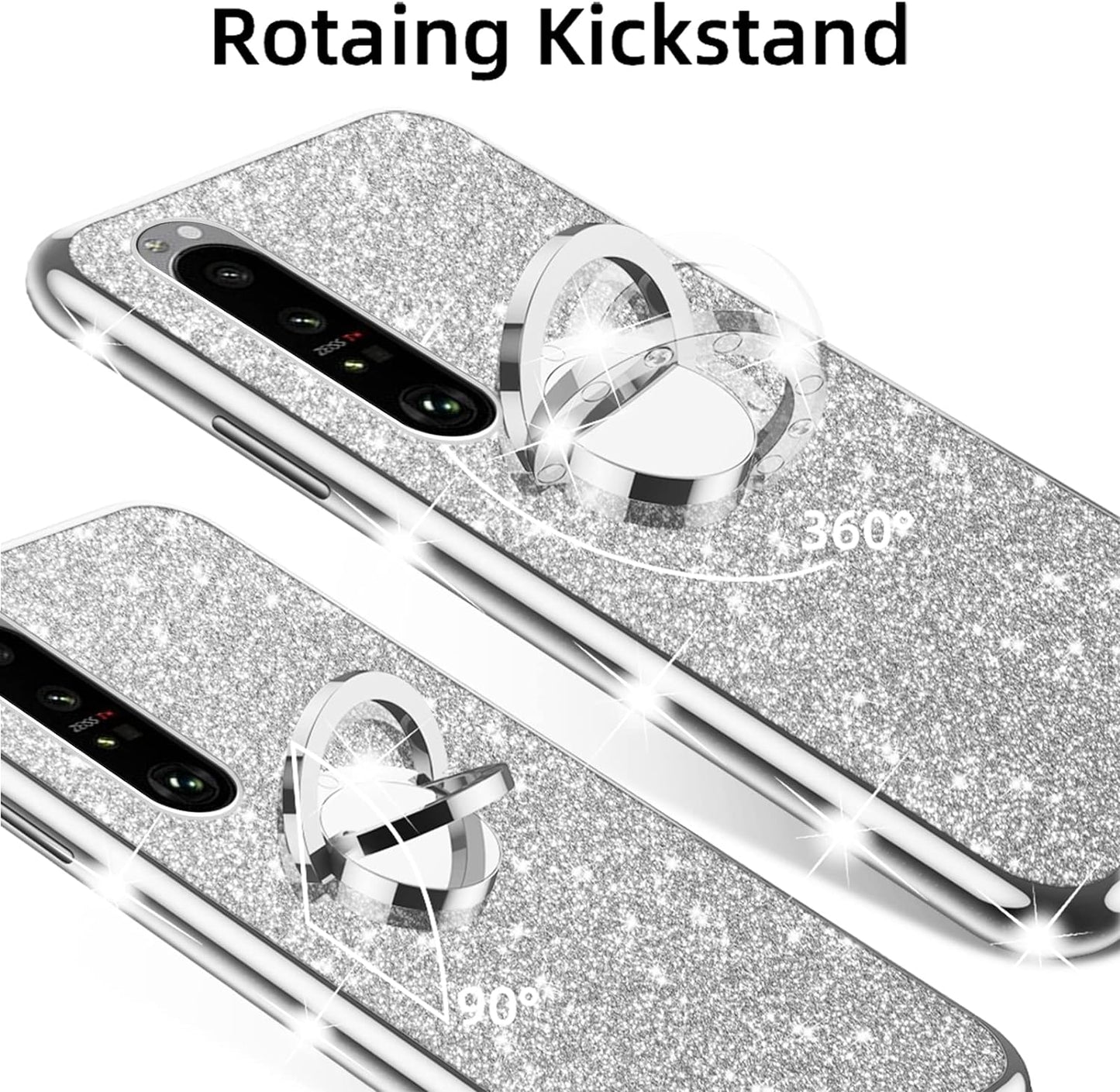 Nancheng for Xperia 1 III Case Girls Women Cute Glitter Silicone Sparkly Slim Cover with Ring Stand & Strap Shockproof Drop Full-Body Protection Case for Sony Xperia 1 III (2021) - Silver  nancheng   
