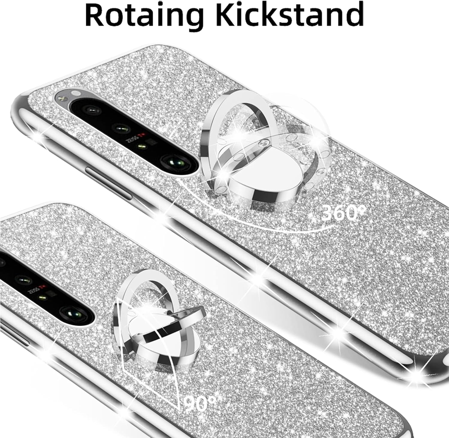 Nancheng for Xperia 1 III Case Girls Women Cute Glitter Silicone Sparkly Slim Cover with Ring Stand & Strap Shockproof Drop Full-Body Protection Case for Sony Xperia 1 III (2021) - Silver  nancheng   