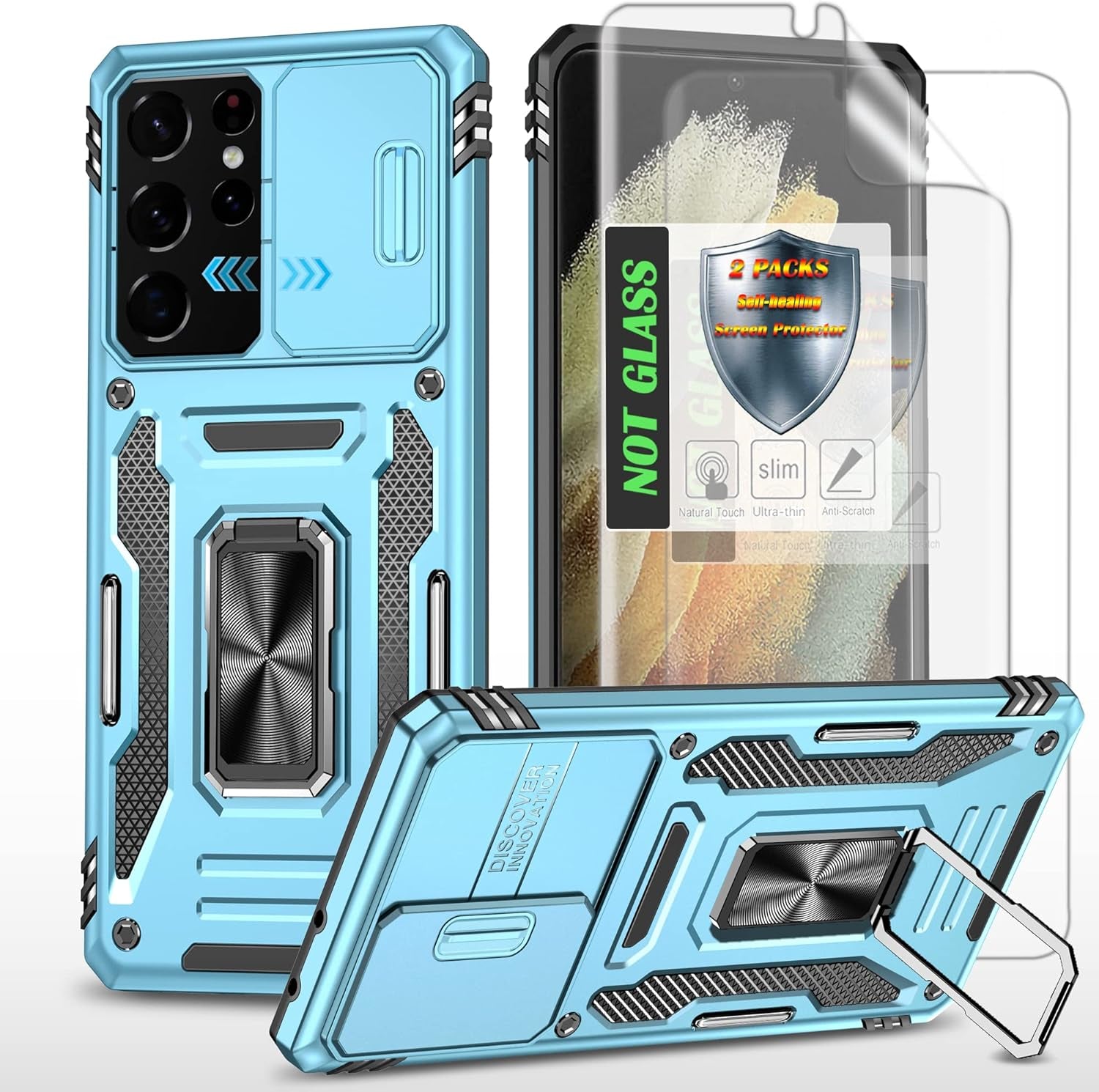 AYMECL Case for S21 Ultra 5G,Galaxys21 Ultra 5G Case with Slide Camera Cover&[2 Packs] Self-Healing Film,360° Rotate Ring Stand Magnetic Cover Case for Samsung Galaxy S21 Ultra 5G 6.8"-Blue  AYMECL Kg-Sea Blue  