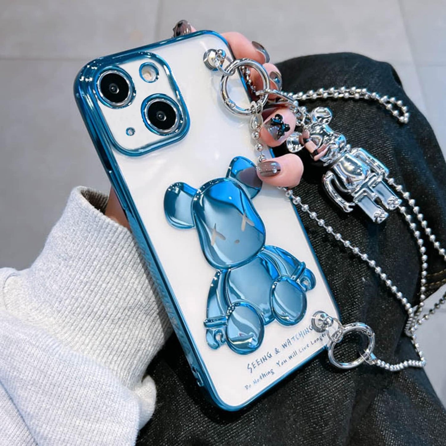 Aartvark Tees Cute Case for Iphone 13, Cartoon Silver Teddy Bear Sparkle Bling Cover with Metal Chain Strap Bell Pendant, Fashion Soft TPU Shockproof, Phone Case Suitable for Women & Girls  aartvark tees Blue Bear For Iphone 13 6.1" 