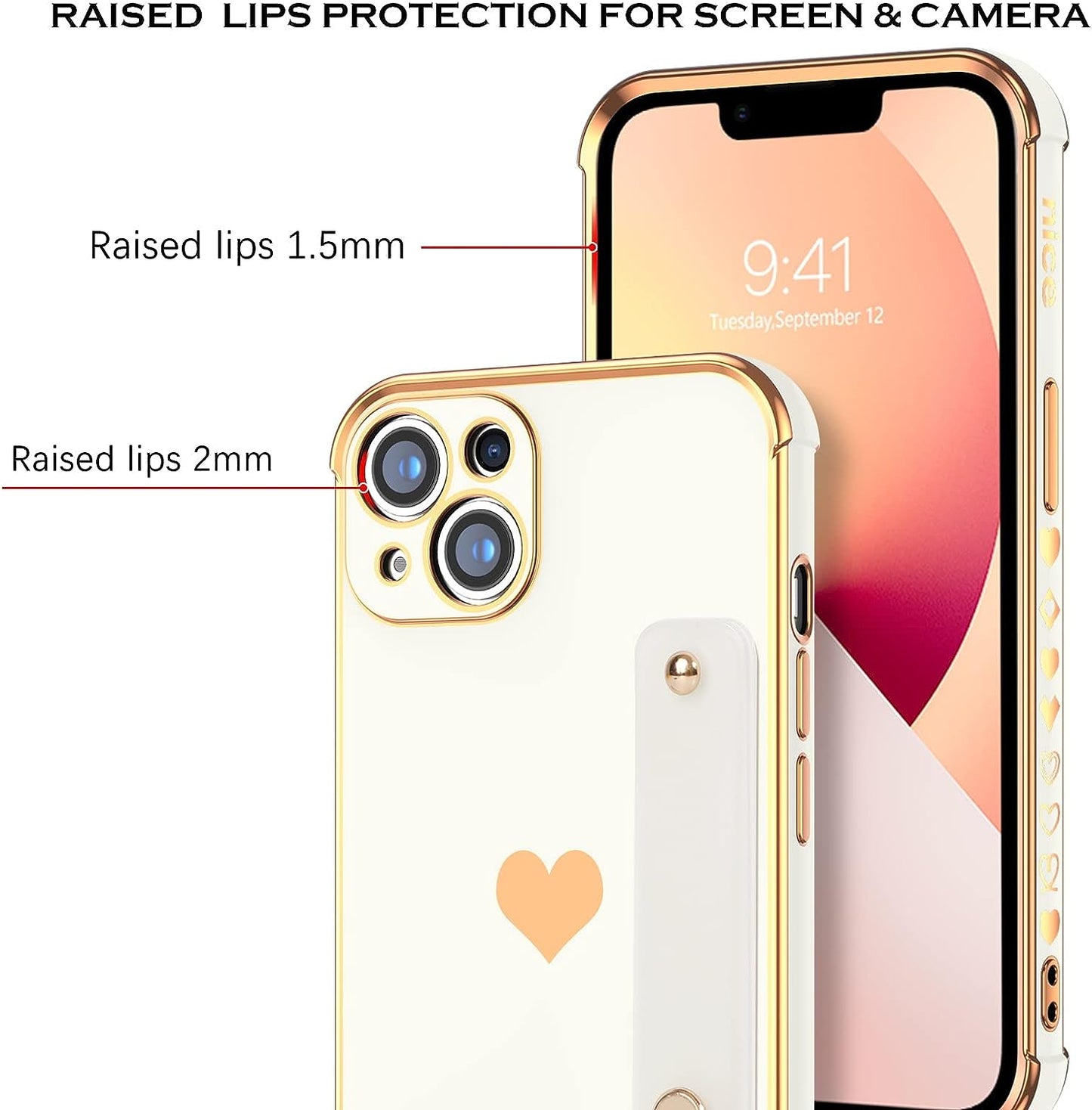 YINLAI Iphone 13 Case, Iphone 13 Cover 6.1 Inch with Finger Loop Holder Wrist Strap Kickstand Hearts Pattern Love Plating Women Girls Slim Fit Soft Shockproof Protective Phone Cases,White  YINLAI   