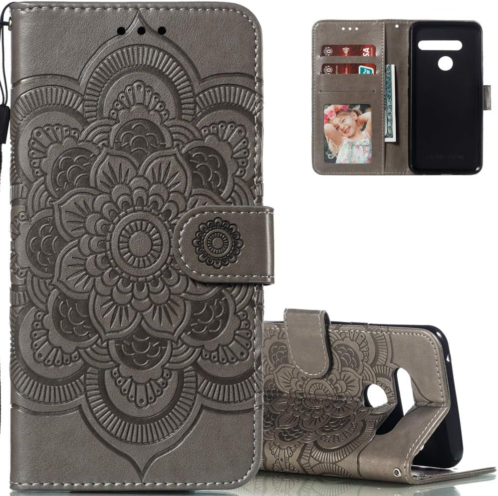 LEECOCO for LG G8 Thinq Case Mandala Embossing Luxury PU Leather Flip Notebook Wallet Bookstyle Magnetic Stand Card Slot Folio Bumper Protection Cover for LG G8 / G8S / G8 Thinq Mandala Black LD  LEECOCOO Ld: Gray  