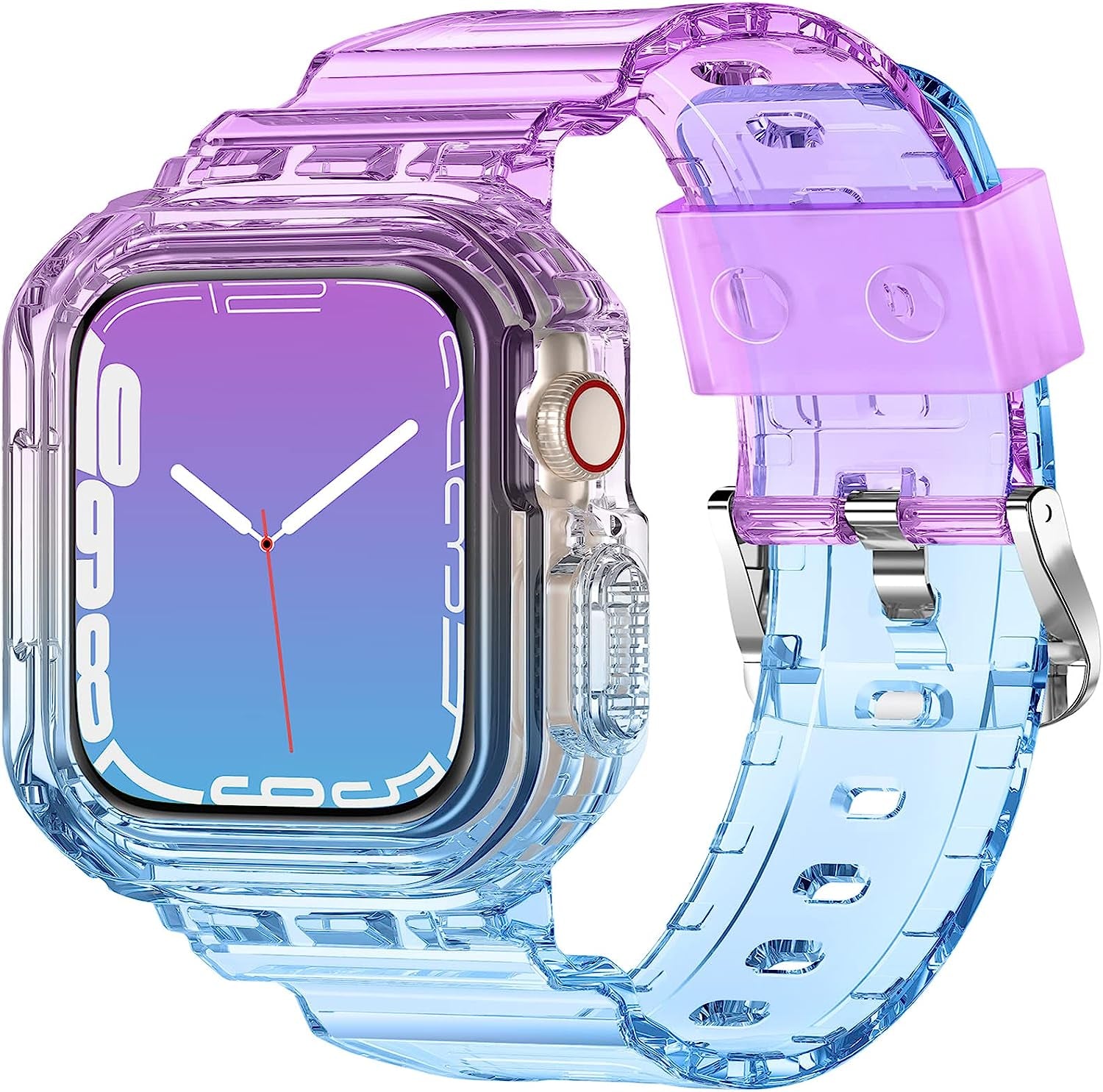 XYF Compatible for Crystal Clear Apple Watch Bands, 45Mm 44Mm 42Mm 41Mm 40Mm 38Mm 49Mm with Bumper Case for Men Women Jelly Sport Case and Band for Iwatch Ultra Series 8 7 SE/6 5 4 3 2 1  XYF BluePurple 42/44/45mm 